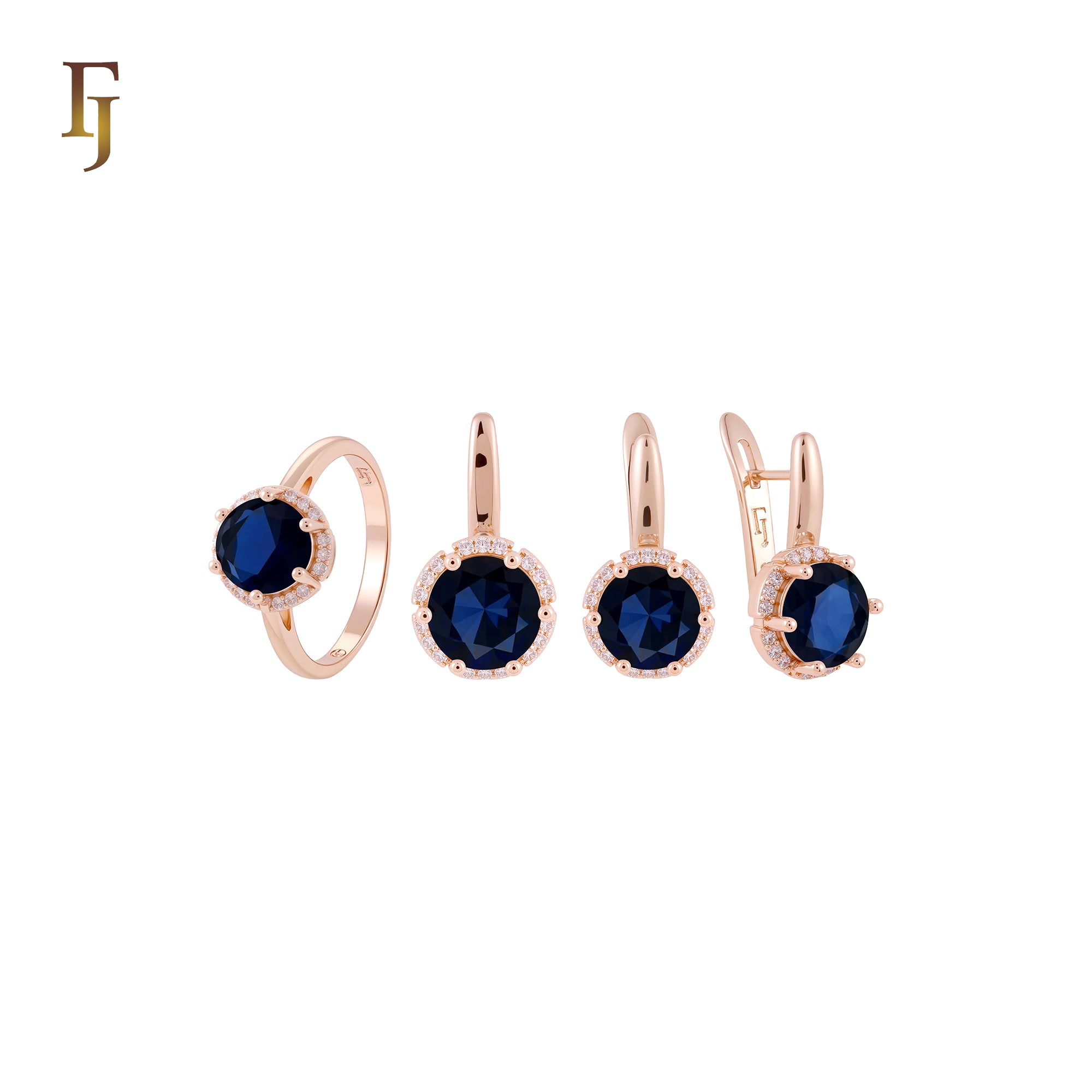 Solitaire Halo Big Rounded Colorful CZ Rose Gold two tone Jewelry Set with Rings and Pendant