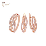Conjunto de joias de ouro rosa com fitas cruzadas e anéis