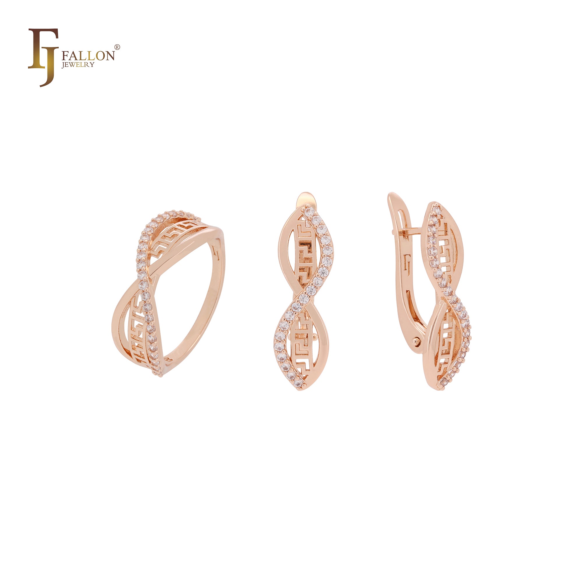 Greek Key Marquise Crossing White CZs Rose Gold Jewelry Set with Rings