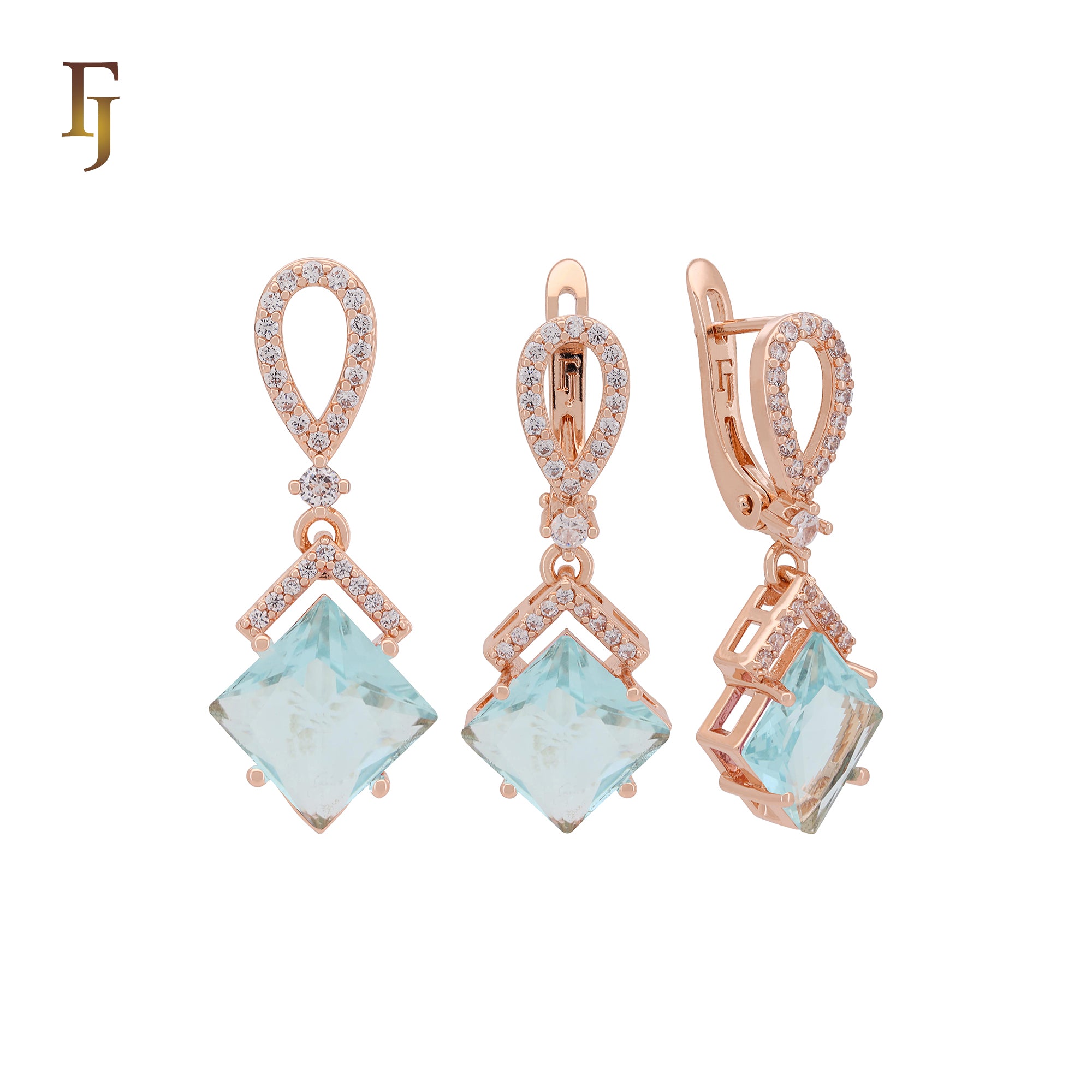 Dangling rhombus shape lake blue CZ with white CZs band Rose Gold Jewelry Set with Pendant