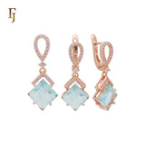 Dangling rhombus shape lake blue CZ with white CZs band Rose Gold Jewelry Set with Pendant