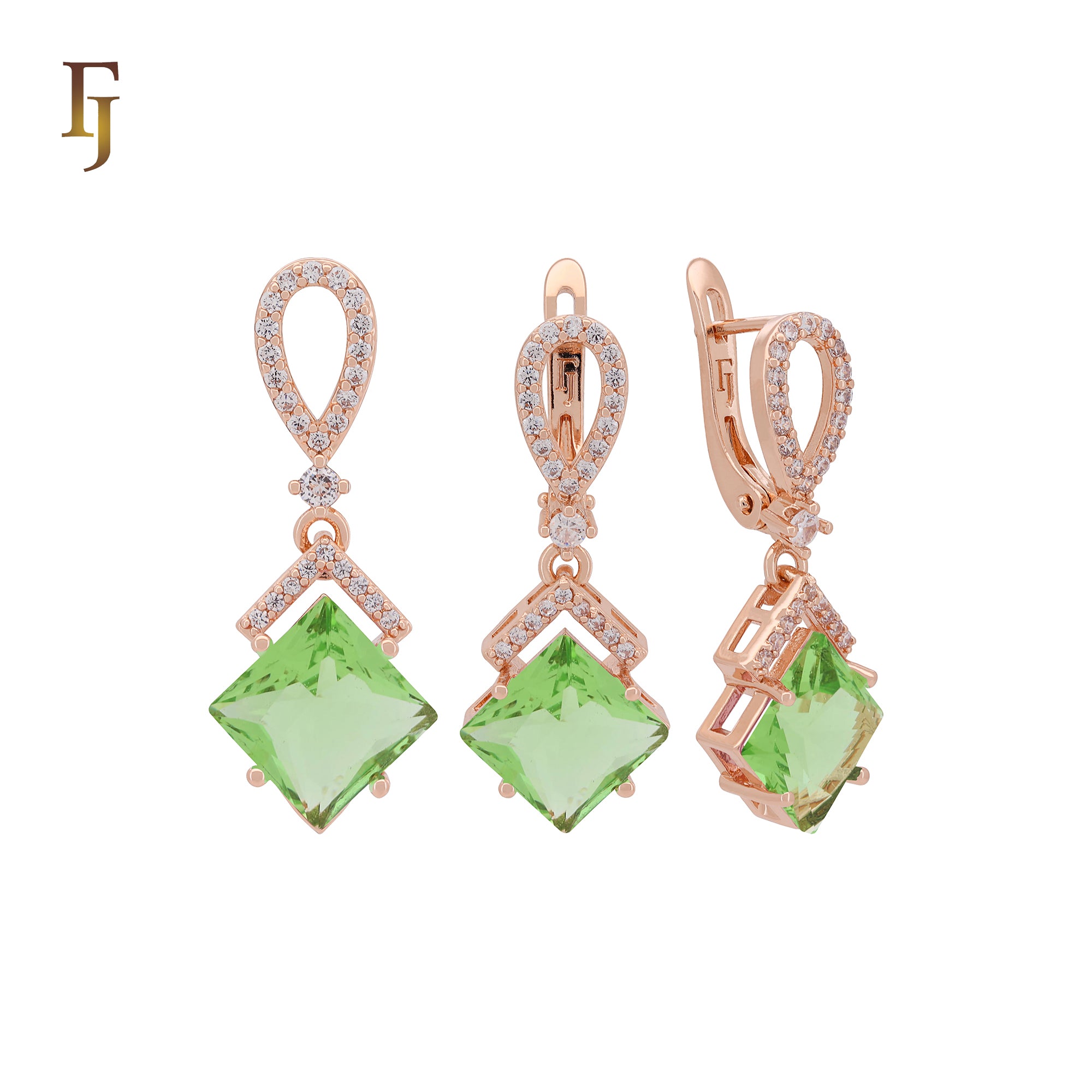 Dangling rhombus shape lake blue CZ with white CZs band Rose Gold Jewelry Set with Pendant