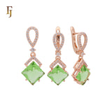 Dangling rhombus shape lake blue CZ with white CZs band Rose Gold Jewelry Set with Pendant