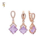 Dangling rhombus shape lake blue CZ with white CZs band Rose Gold Jewelry Set with Pendant