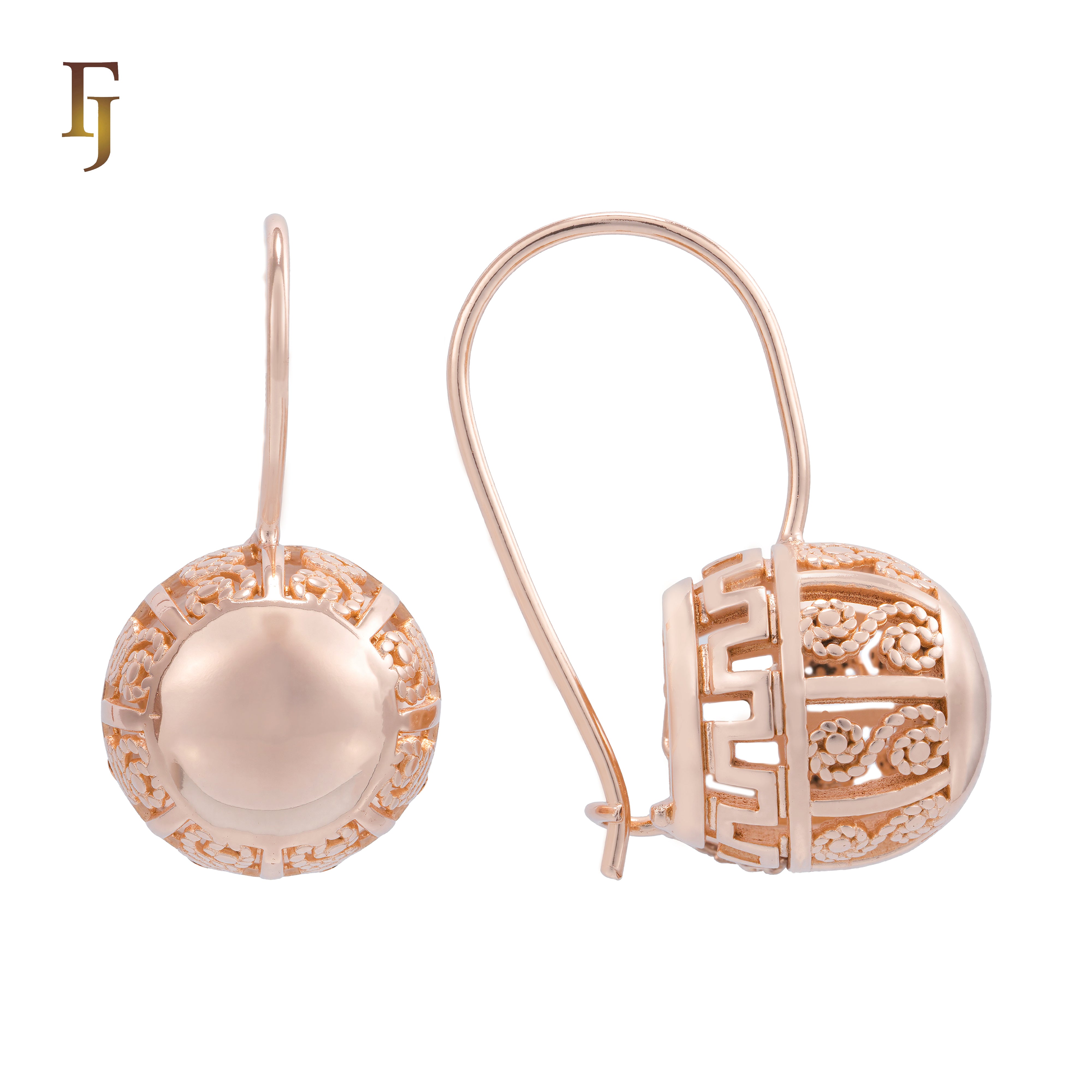 Rose Gold Wire Hook Earrings – Vintage Dome Drop with Filigree Openwork | Ornate Non-Tarnish Jewelry by FJ
