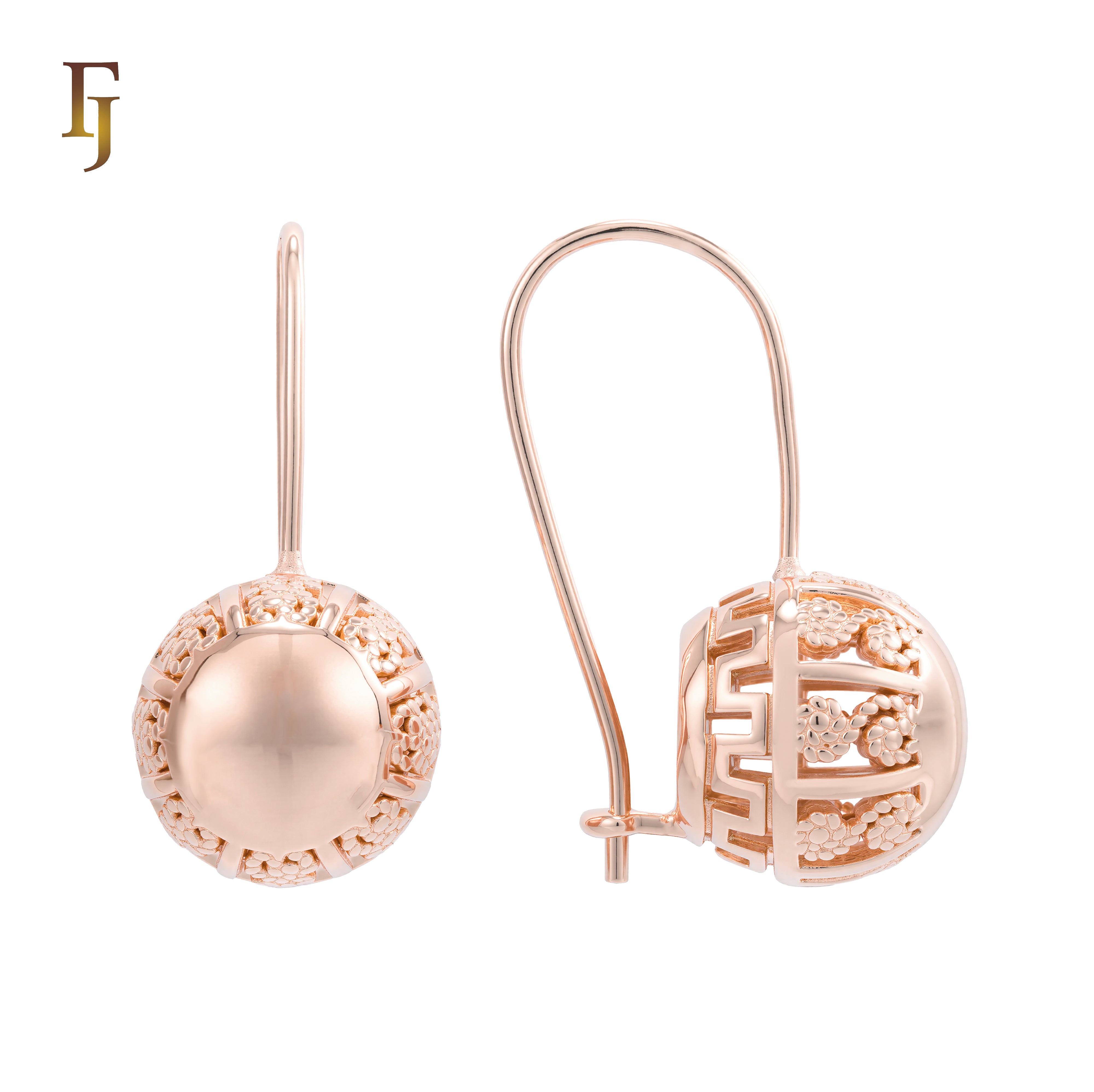 Rose Gold Wire Hook Earrings – Hollow Dome Filigree Ball with Floral Openwork | Vintage Non-Tarnish Jewelry by FJ