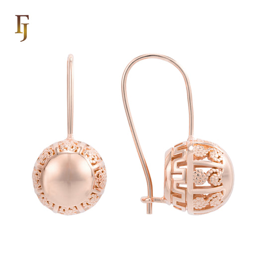 Rose Gold Wire Hook Earrings – Hollow Dome Filigree Ball with Floral Openwork | Vintage Non-Tarnish Jewelry by FJ