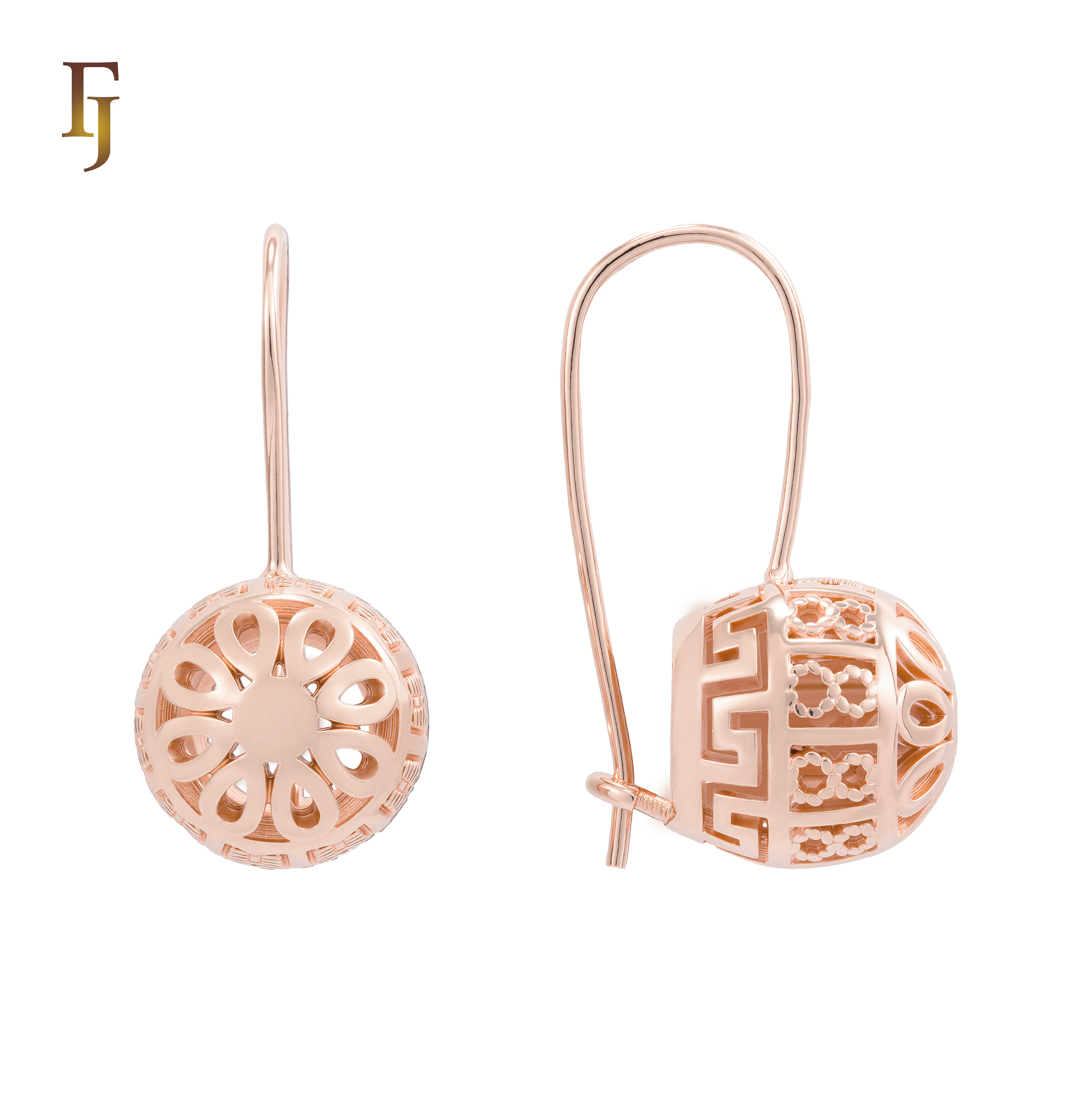 Rose Gold Wire Hook Earrings – Dome Cutout Floral & Greek Key Pattern | Retro Filigree Non-Tarnish Jewelry by FJ
