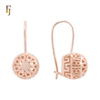 Rose Gold Wire Hook Earrings – Dome Cutout Floral & Greek Key Pattern | Retro Filigree Non-Tarnish Jewelry by FJ