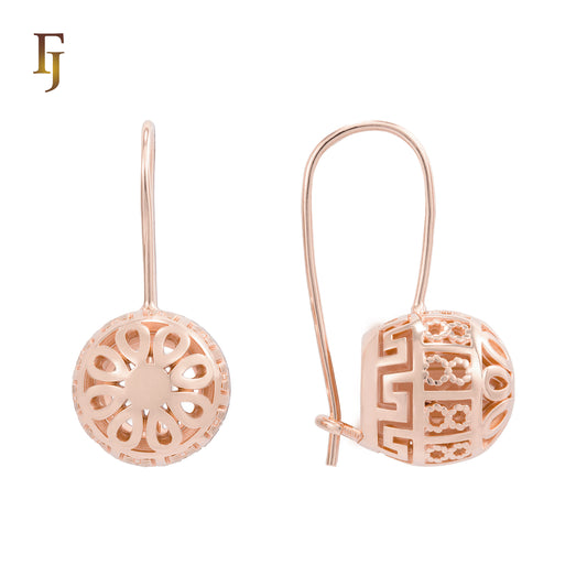 Rose Gold Wire Hook Earrings – Dome Cutout Floral & Greek Key Pattern | Retro Filigree Non-Tarnish Jewelry by FJ