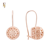 Rose Gold Wire Hook Earrings – Dome Cutout Floral & Greek Key Pattern | Retro Filigree Non-Tarnish Jewelry by FJ