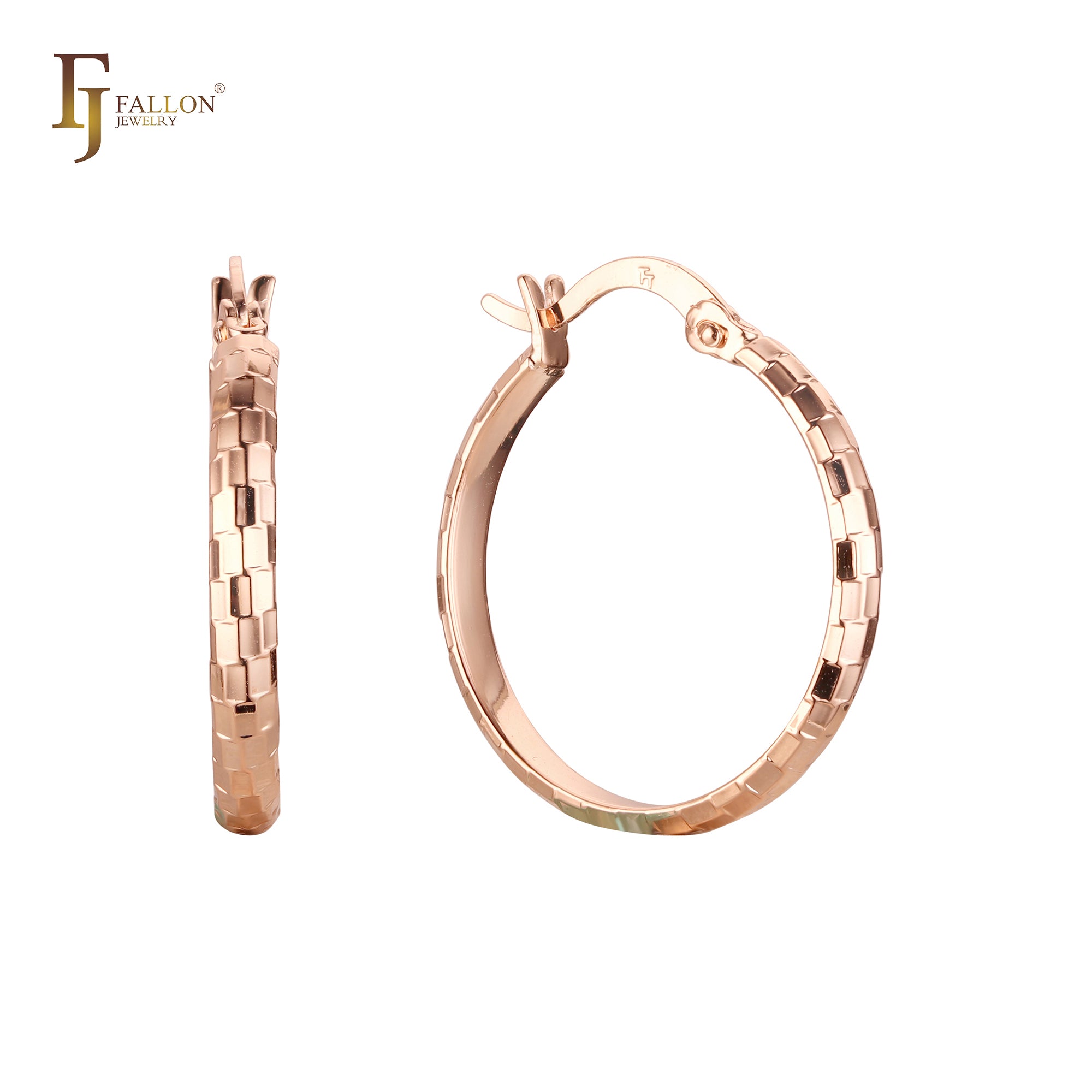 Brincos de argola retangular texturizados em ouro 14K bicolor, ouro rosa