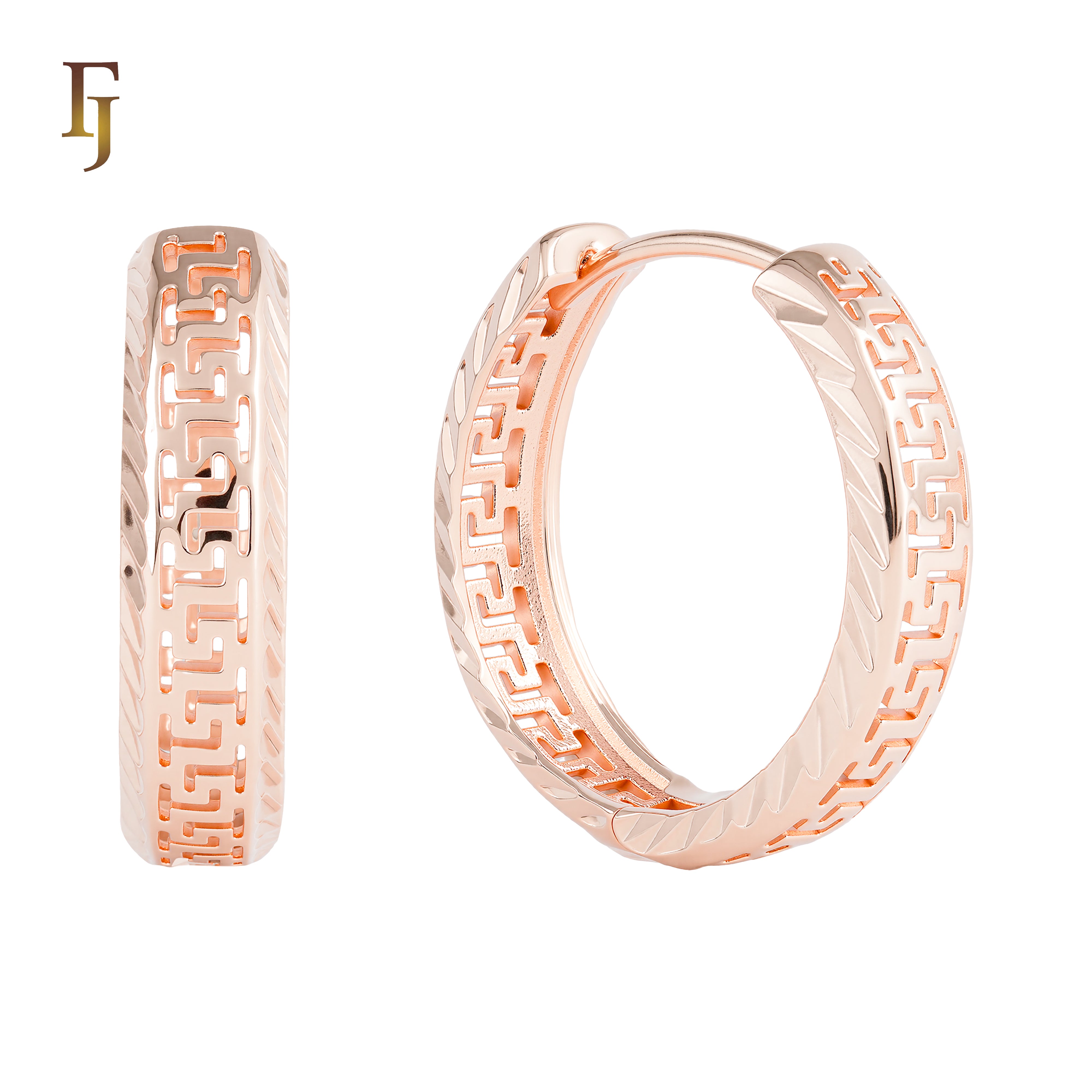 Greek Key Pattern Hoop Earrings in 18K Gold Plated Brass | Geometric Huggie Earrings for Women | FJ Fallon Jewelry