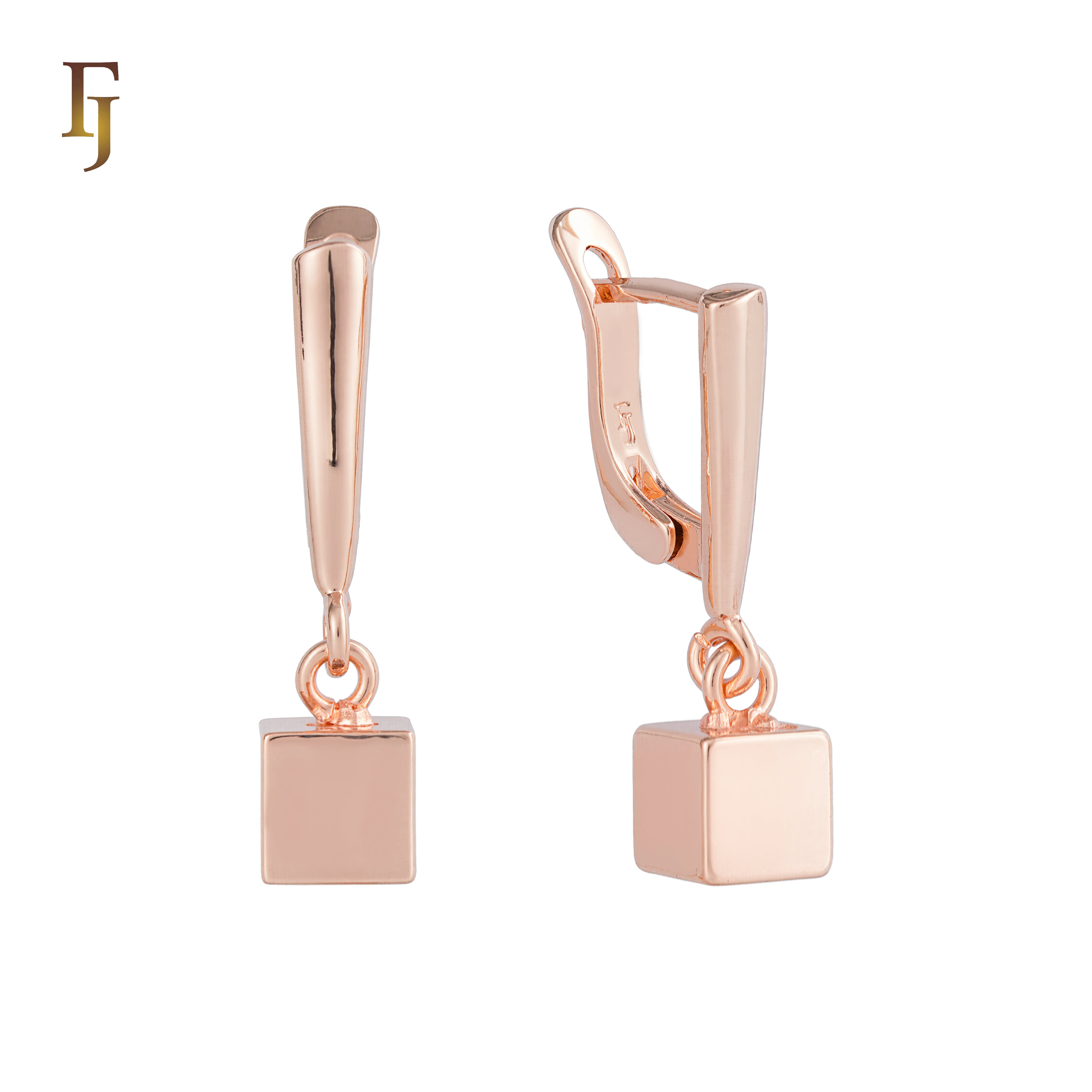 Geometric Cube Russian Lock Earrings – Minimalist Gold-Plated Dangle Design – FJ Jewelry