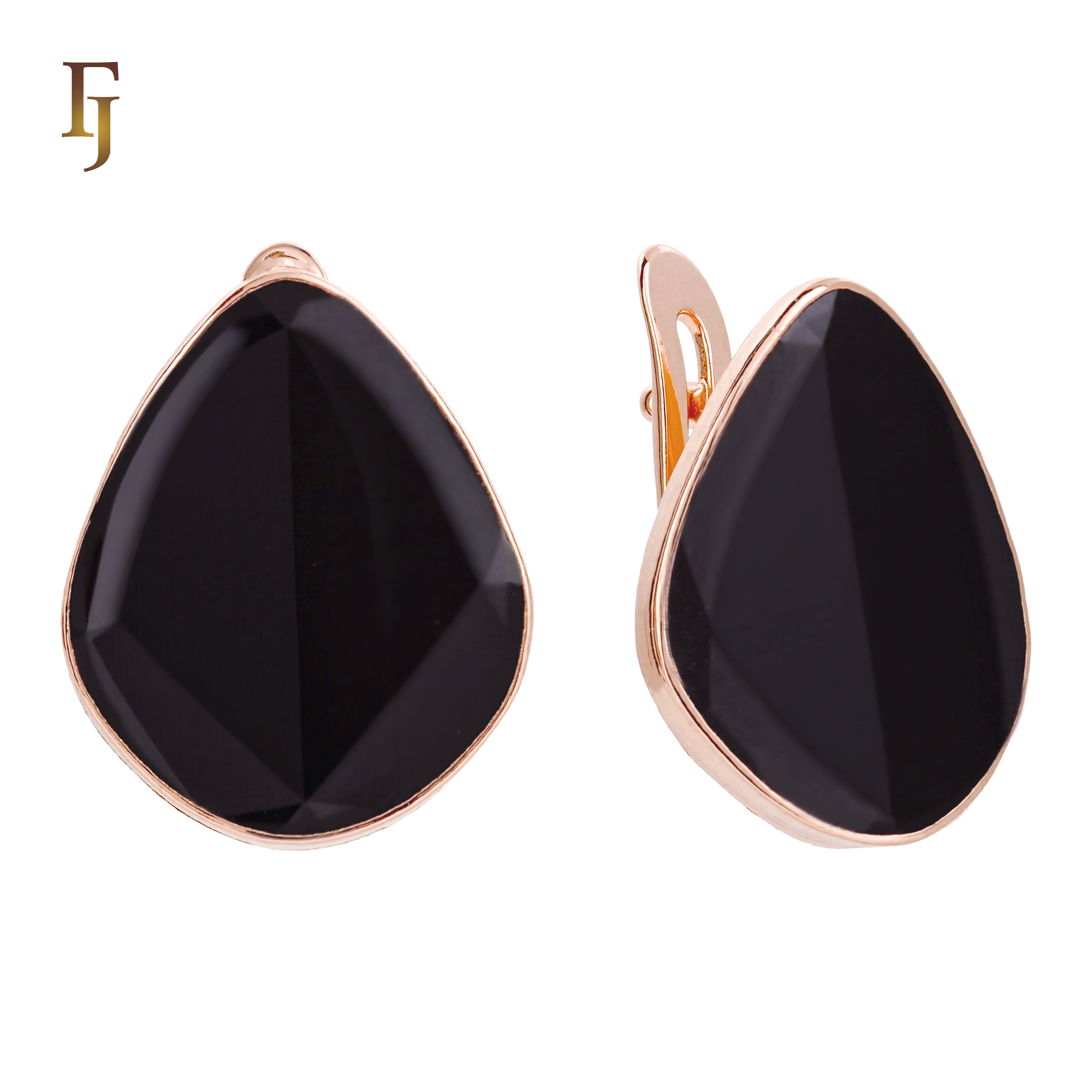 Teardrop Black Stone Russian Lock Earrings in Rose Gold Plating – FJ Jewelry