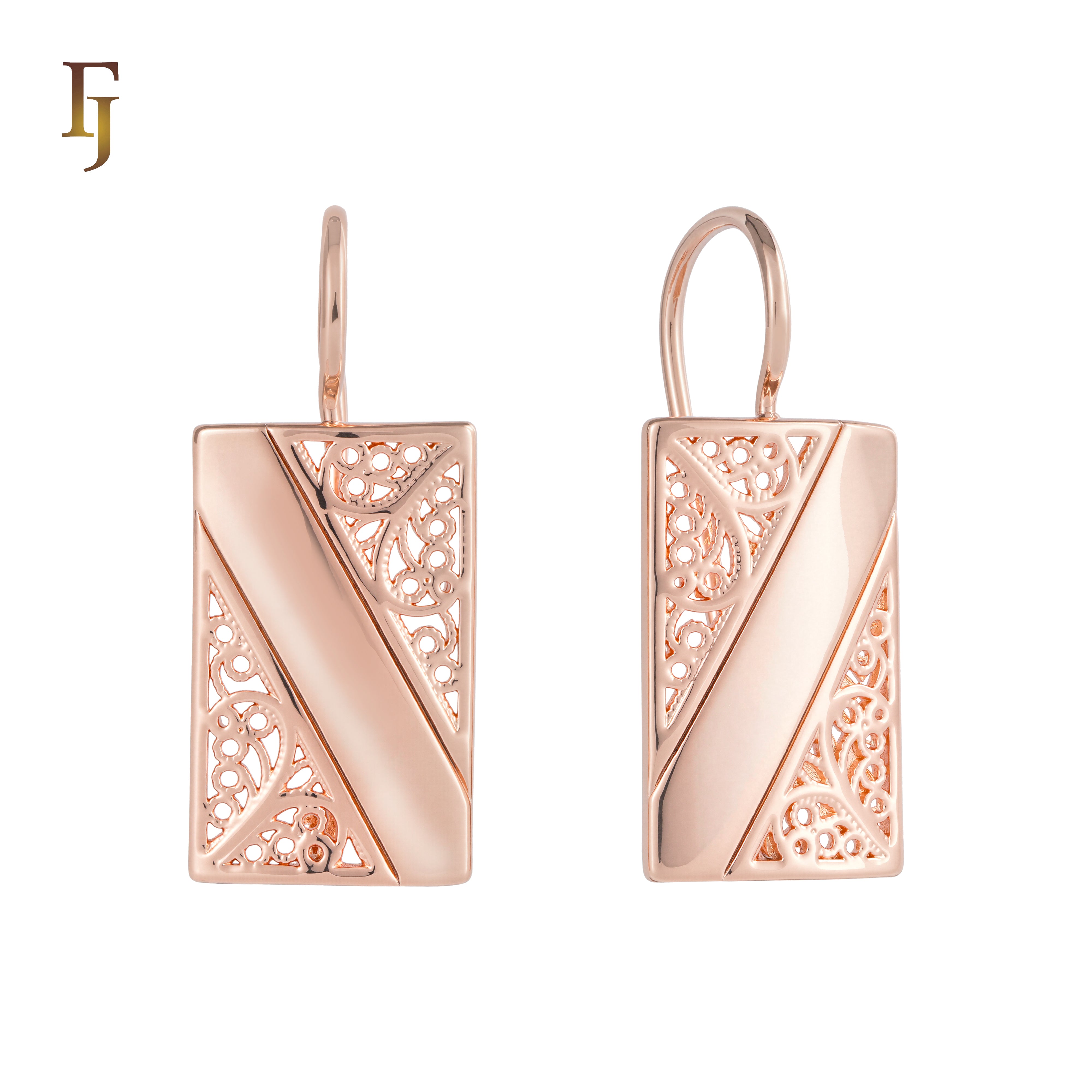 Gold Plated Wire Hook Earrings with Filigree Rectangle Drop Design