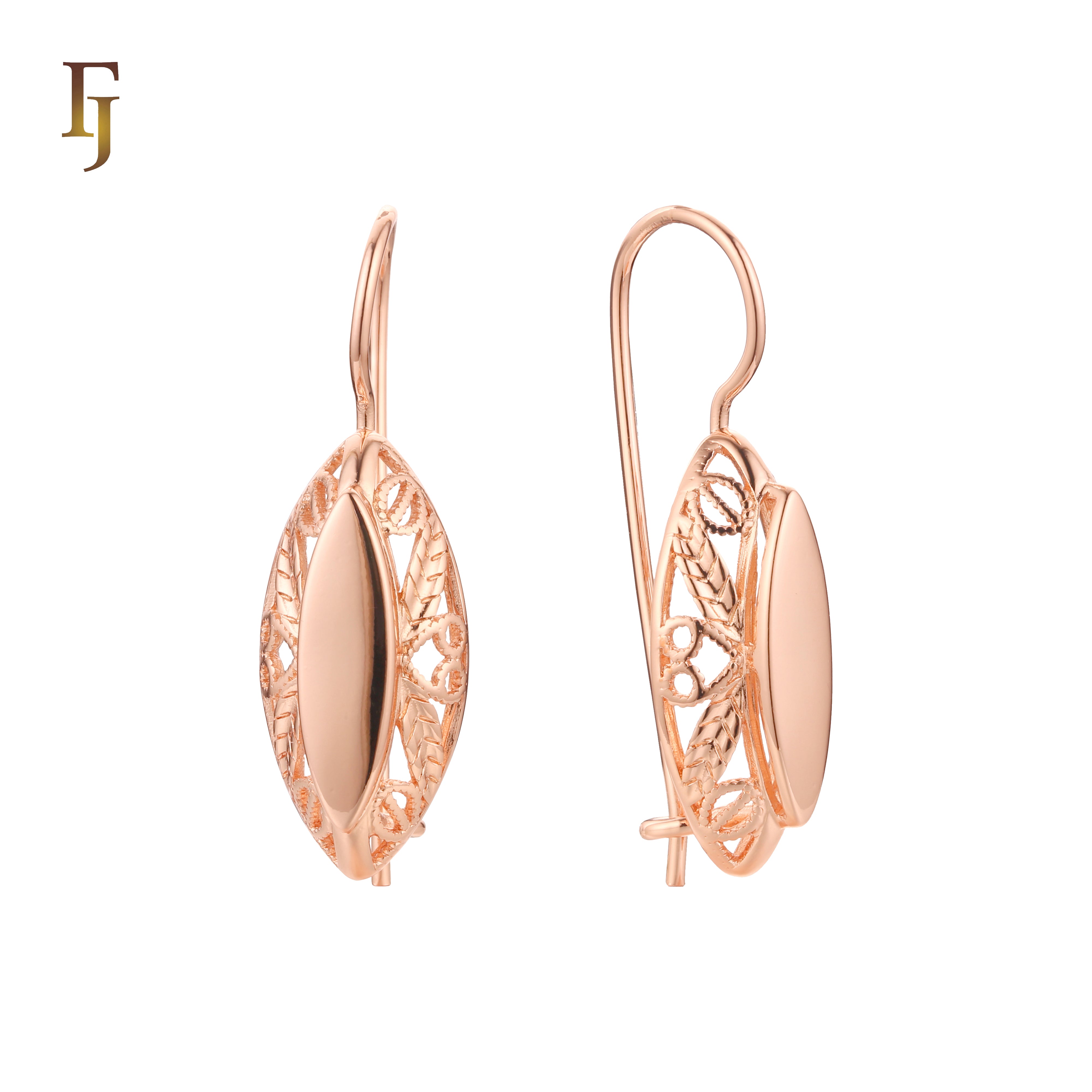 Filigree Marquise Wire Hook Earrings – Gold-Plated Oval Leaf Design – Lightweight Retro Jewelry