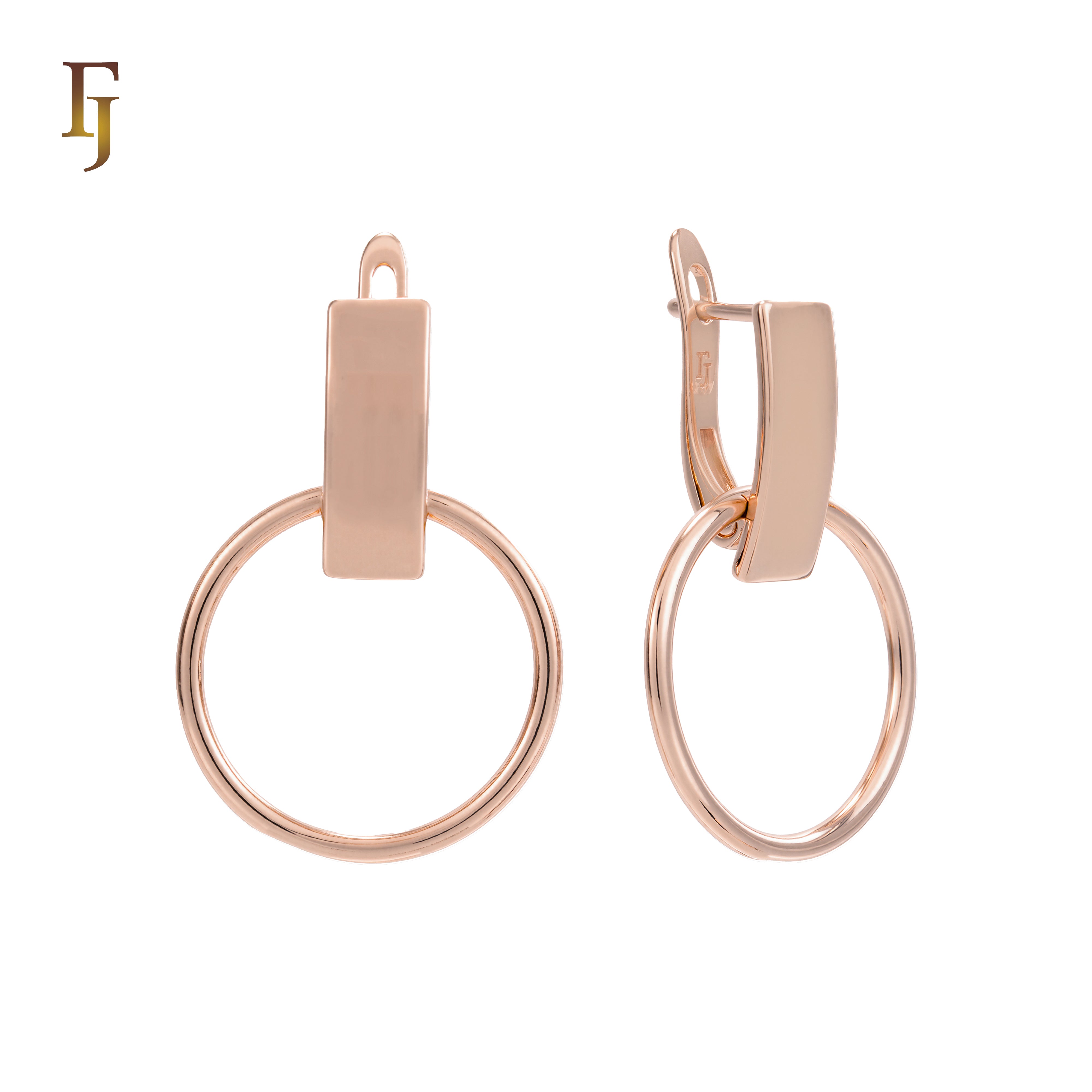 Gold Russian Lock Earrings – Geometric Minimalist Rectangle & Circle Drop | Sleek Non-Tarnish Jewelry by FJ