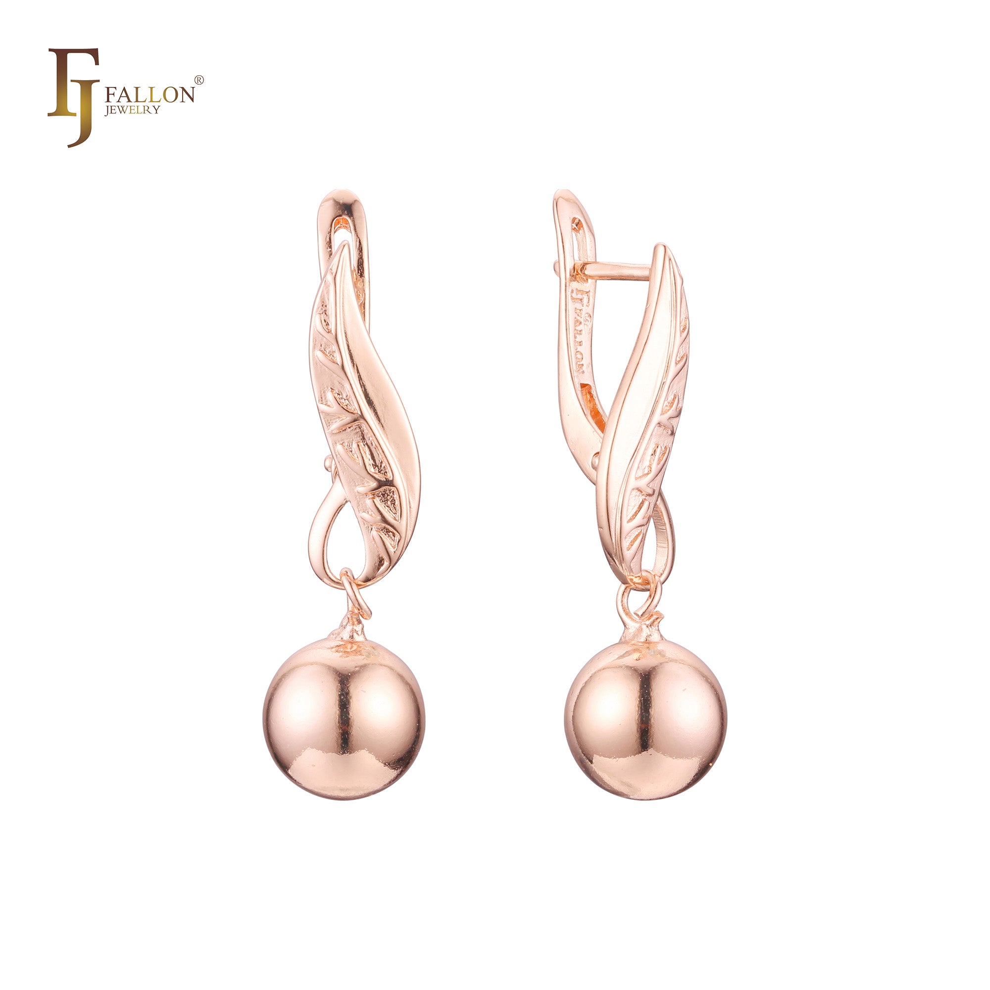 Tall Leave on a drop bead Russian Lock Rose Gold Earrings