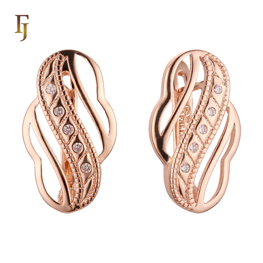 Rose Gold Intertwined Hoop Earrings with CZ Accents and Russian Lock Design