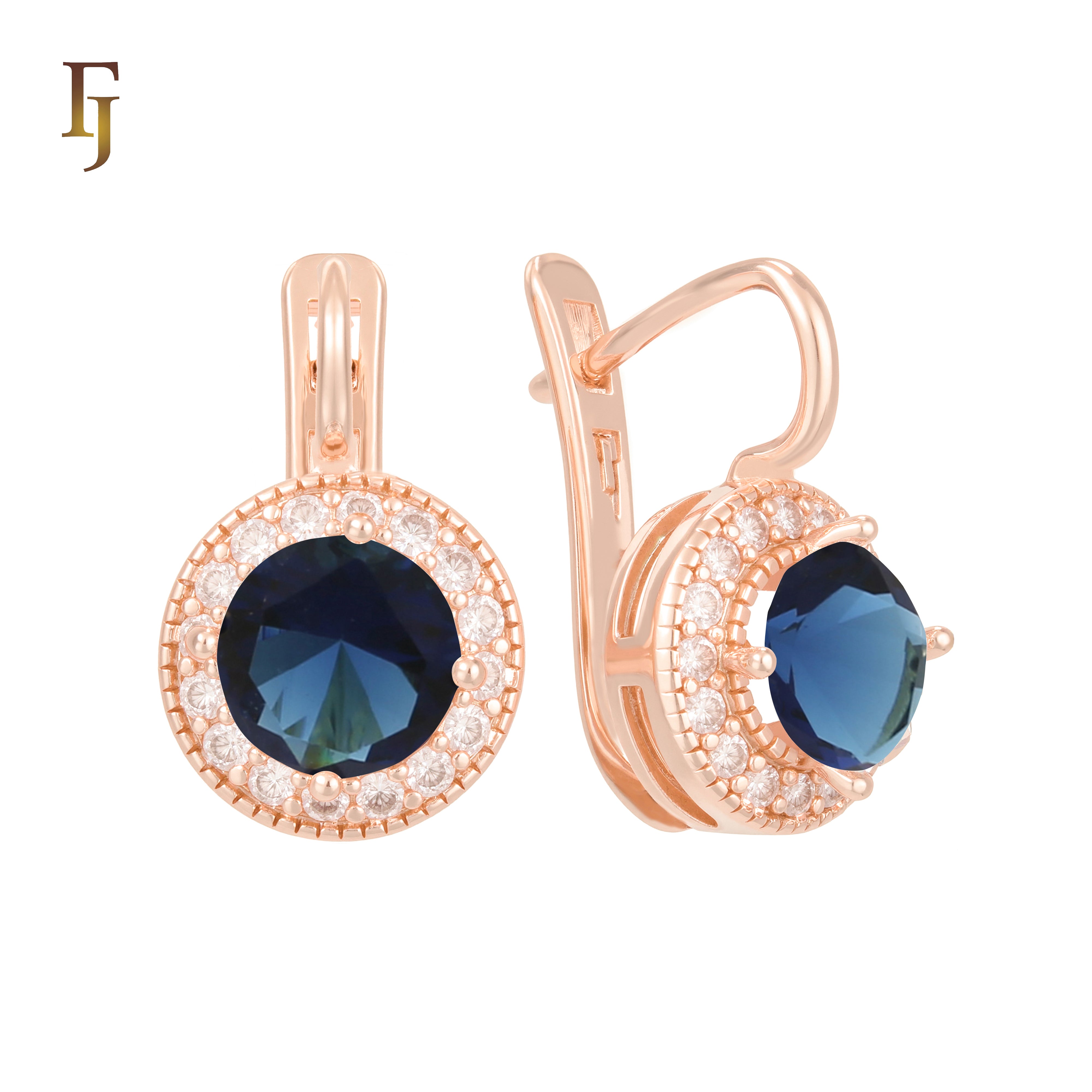 Elegant Halo CZ Russian Lock Earrings – Gold Plated Round Drop | Sparkling Non-Tarnish Jewelry by FJ