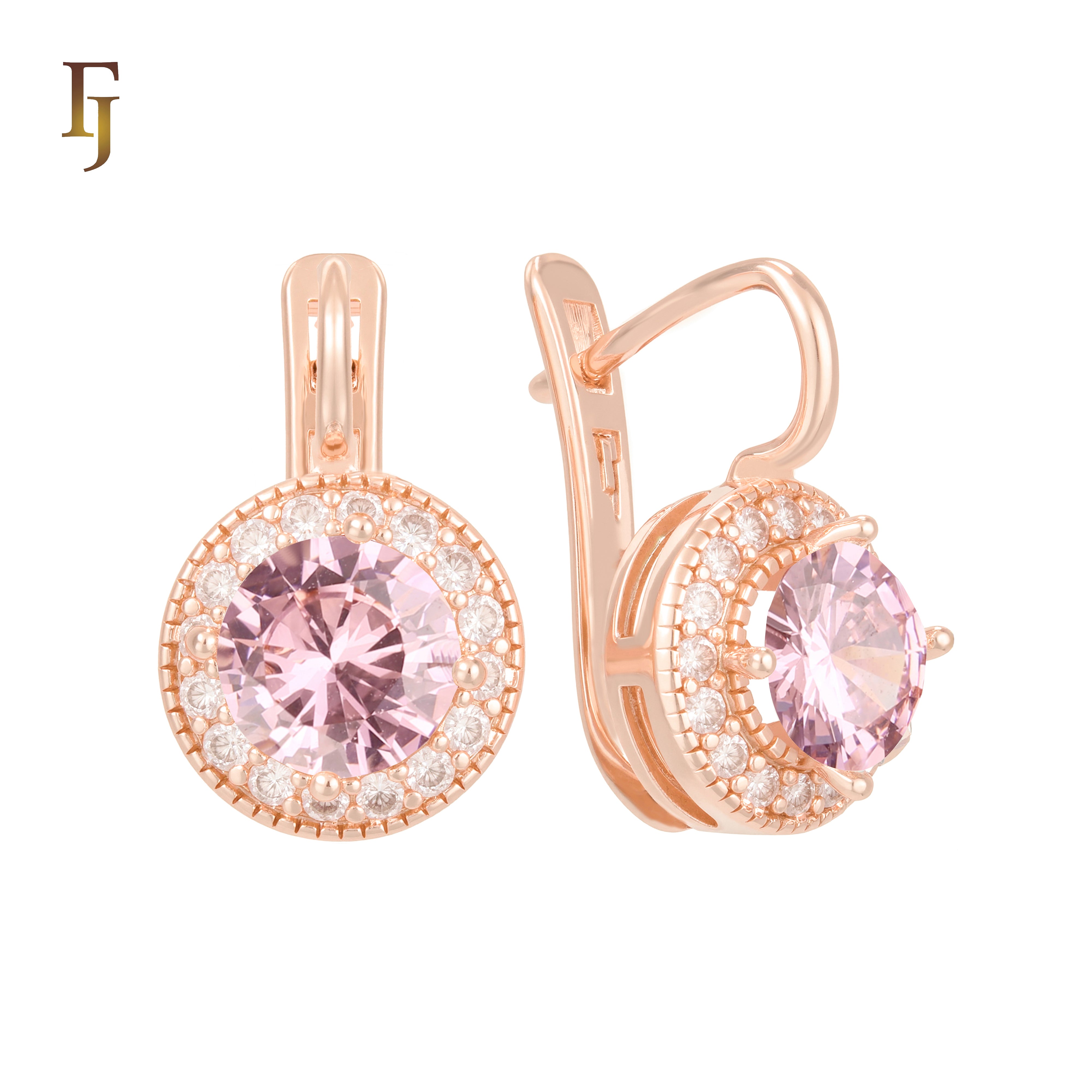 Elegant Halo CZ Russian Lock Earrings – Gold Plated Round Drop | Sparkling Non-Tarnish Jewelry by FJ