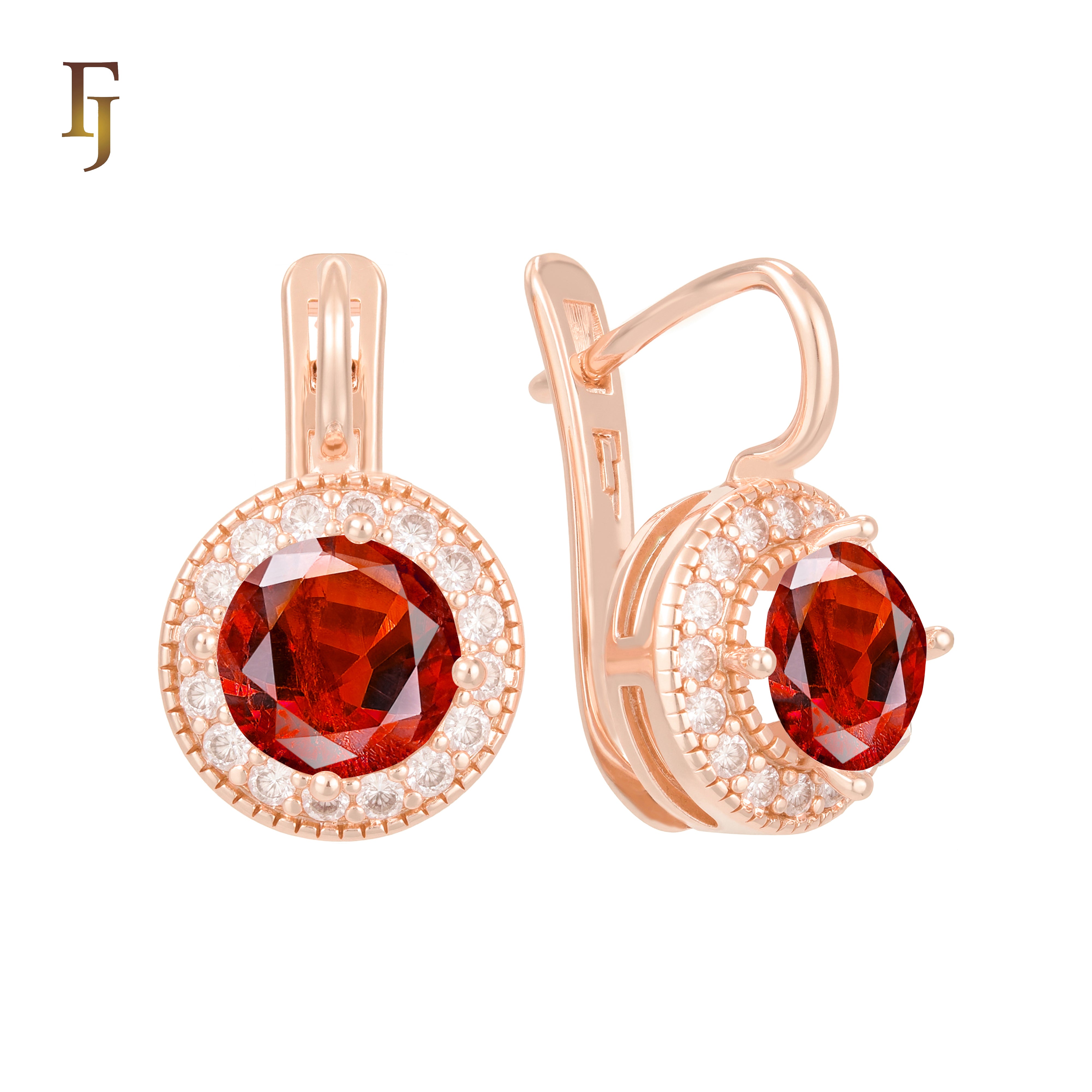 Elegant Halo CZ Russian Lock Earrings – Gold Plated Round Drop | Sparkling Non-Tarnish Jewelry by FJ