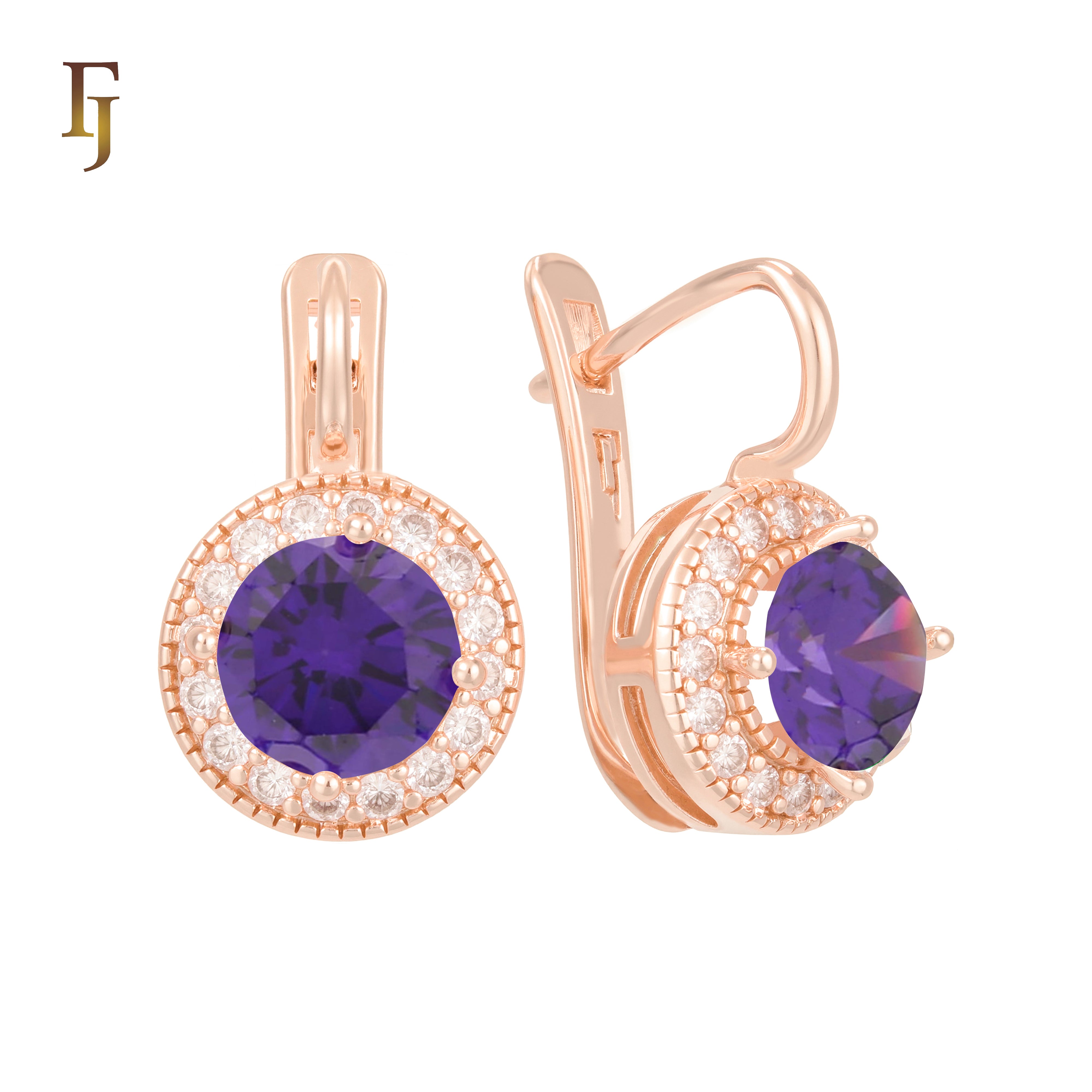 Elegant Halo CZ Russian Lock Earrings – Gold Plated Round Drop | Sparkling Non-Tarnish Jewelry by FJ