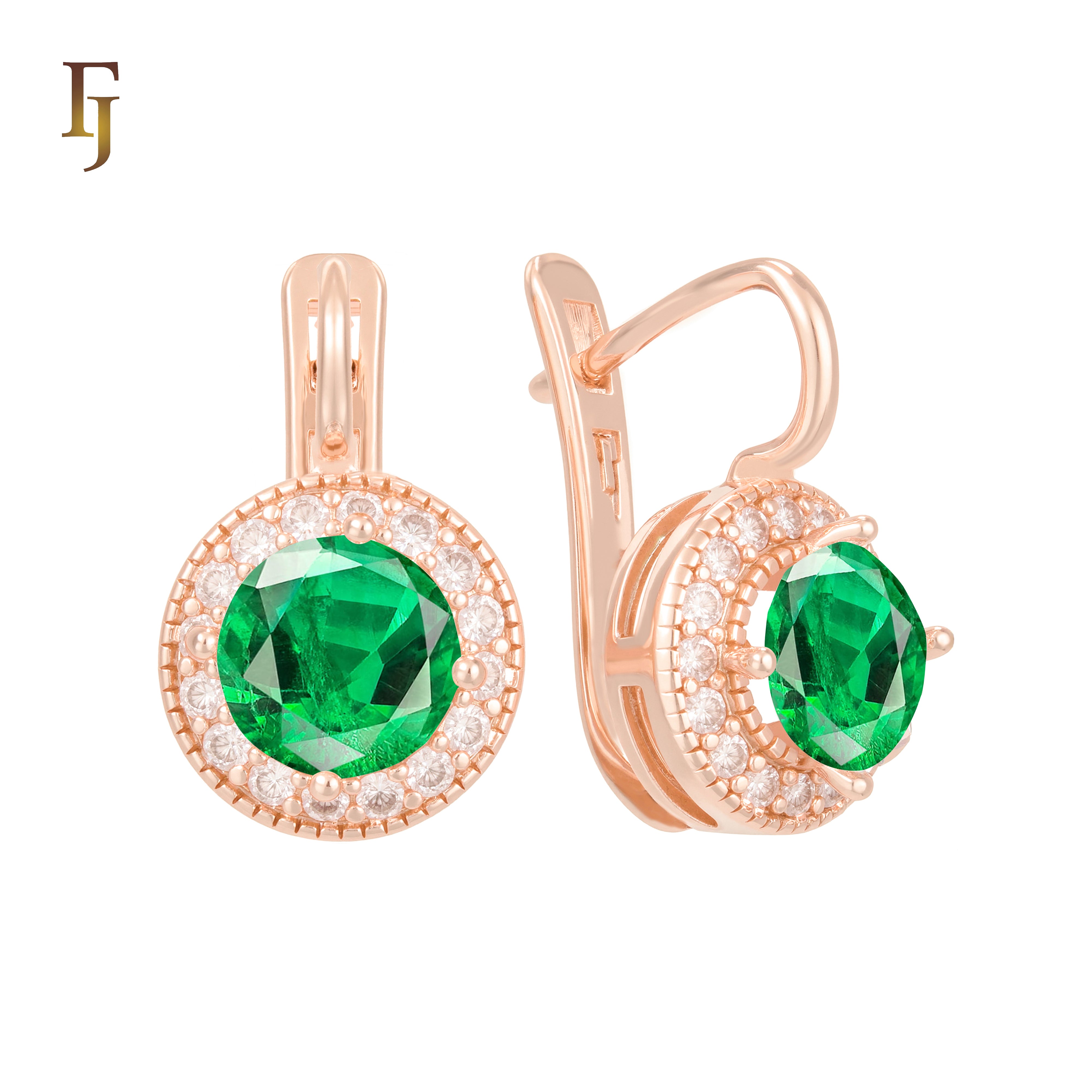 Elegant Halo CZ Russian Lock Earrings – Gold Plated Round Drop | Sparkling Non-Tarnish Jewelry by FJ