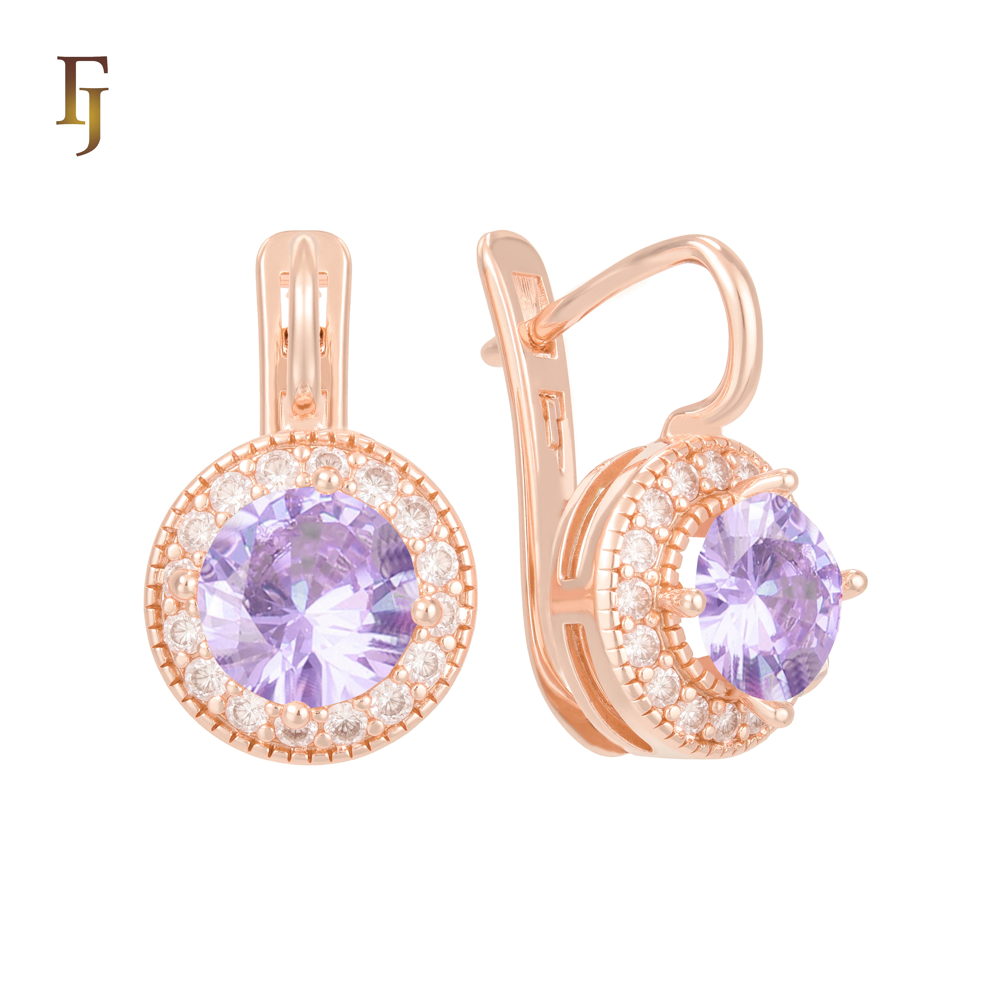 Elegant Halo CZ Russian Lock Earrings – Gold Plated Round Drop | Sparkling Non-Tarnish Jewelry by FJ