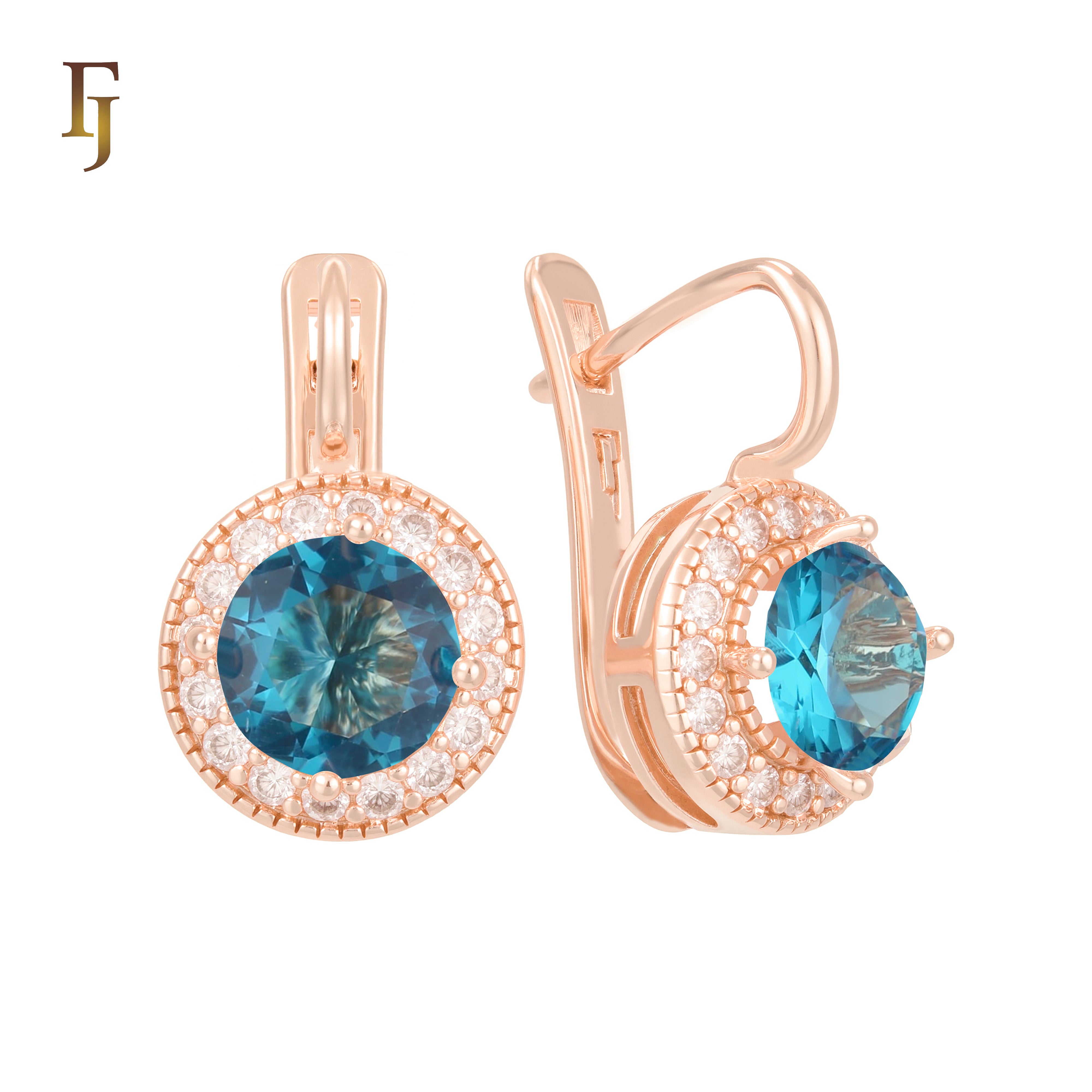 Elegant Halo CZ Russian Lock Earrings – Gold Plated Round Drop | Sparkling Non-Tarnish Jewelry by FJ