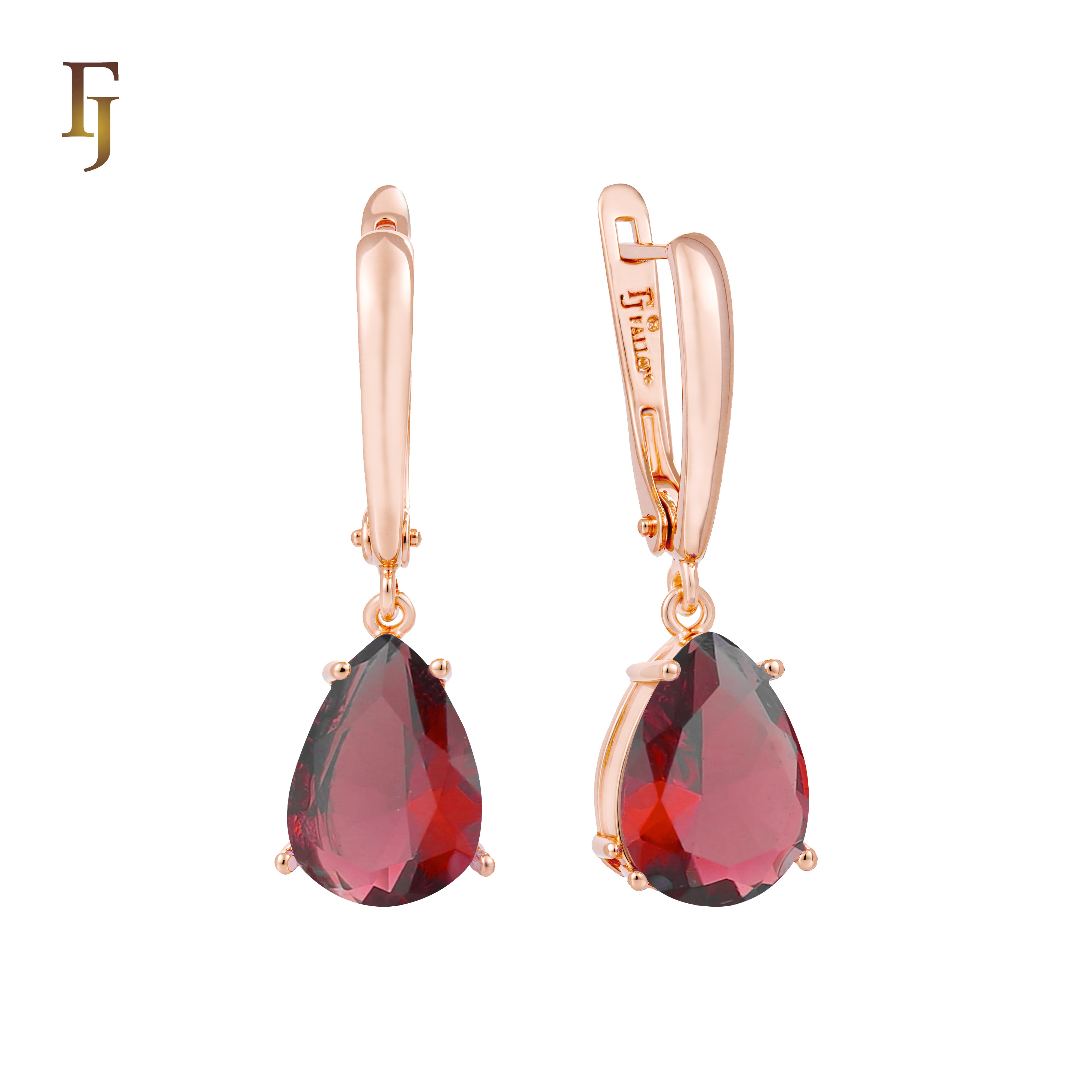 Teardrop Garnet-Red Russian Lock Earrings – Classic Drop Earrings in Gold Finish – FJ Jewelry