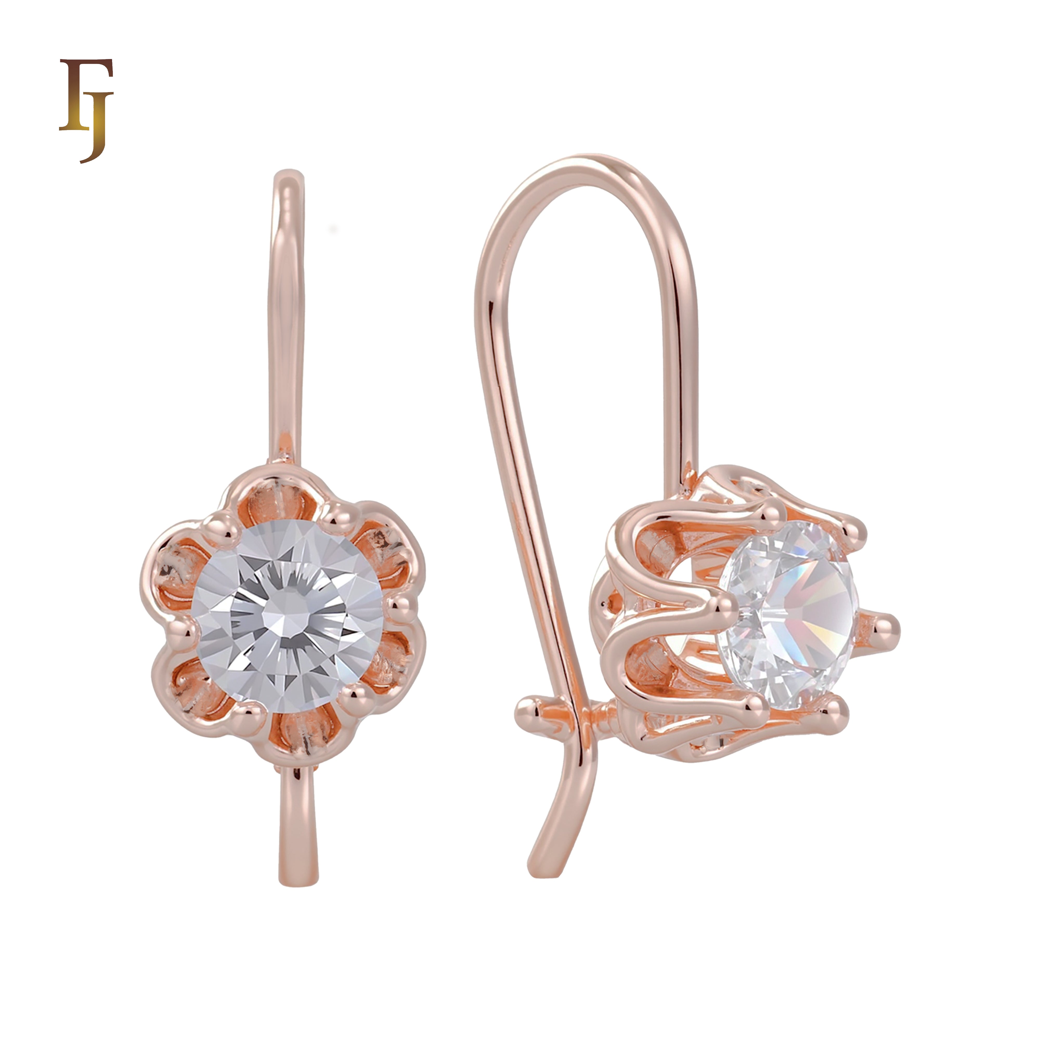 Gold Wire Hook Earrings – Floral Prong CZ Drop Design | Lightweight Dainty Jewelry by FJ