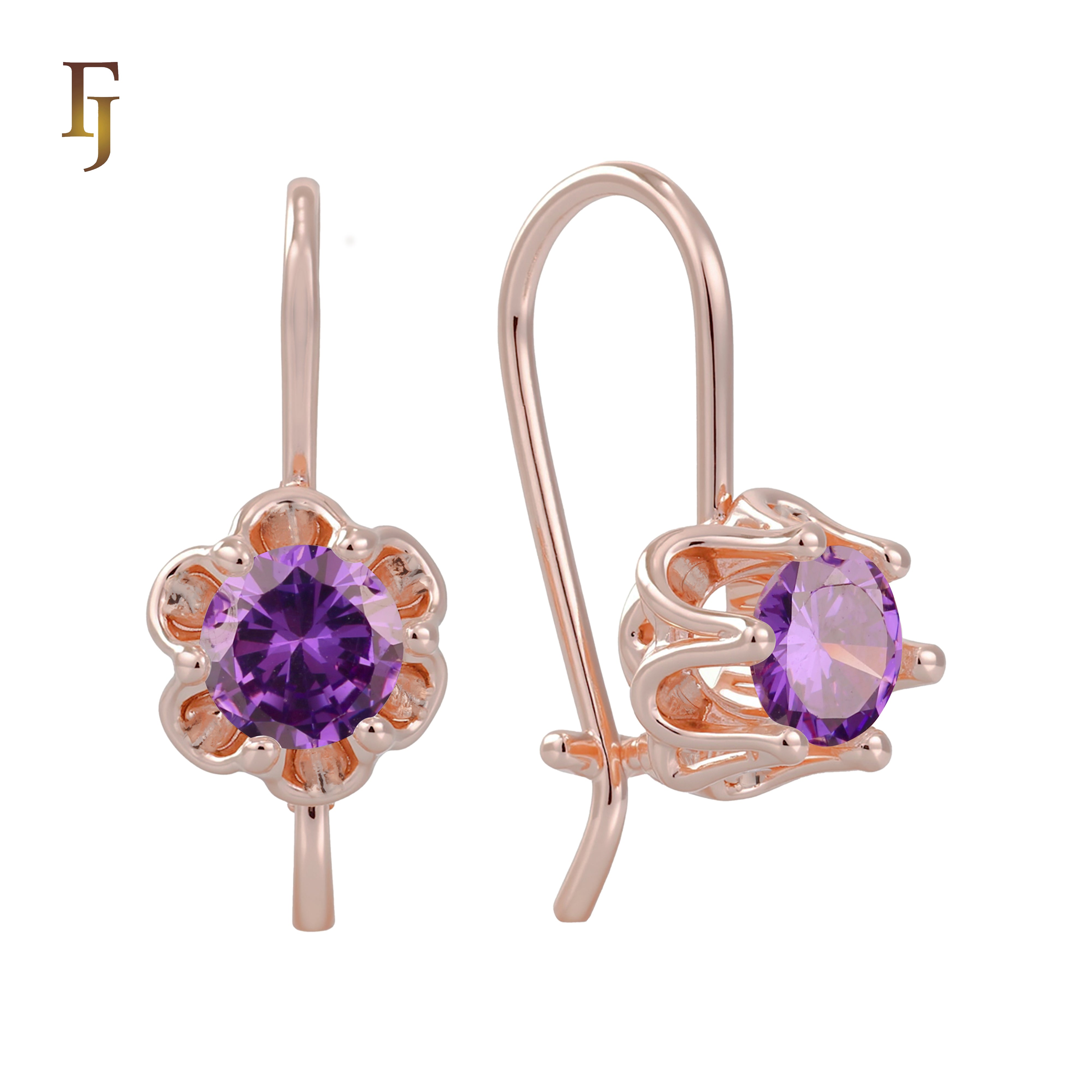 Gold Wire Hook Earrings – Floral Prong CZ Drop Design | Lightweight Dainty Jewelry by FJ