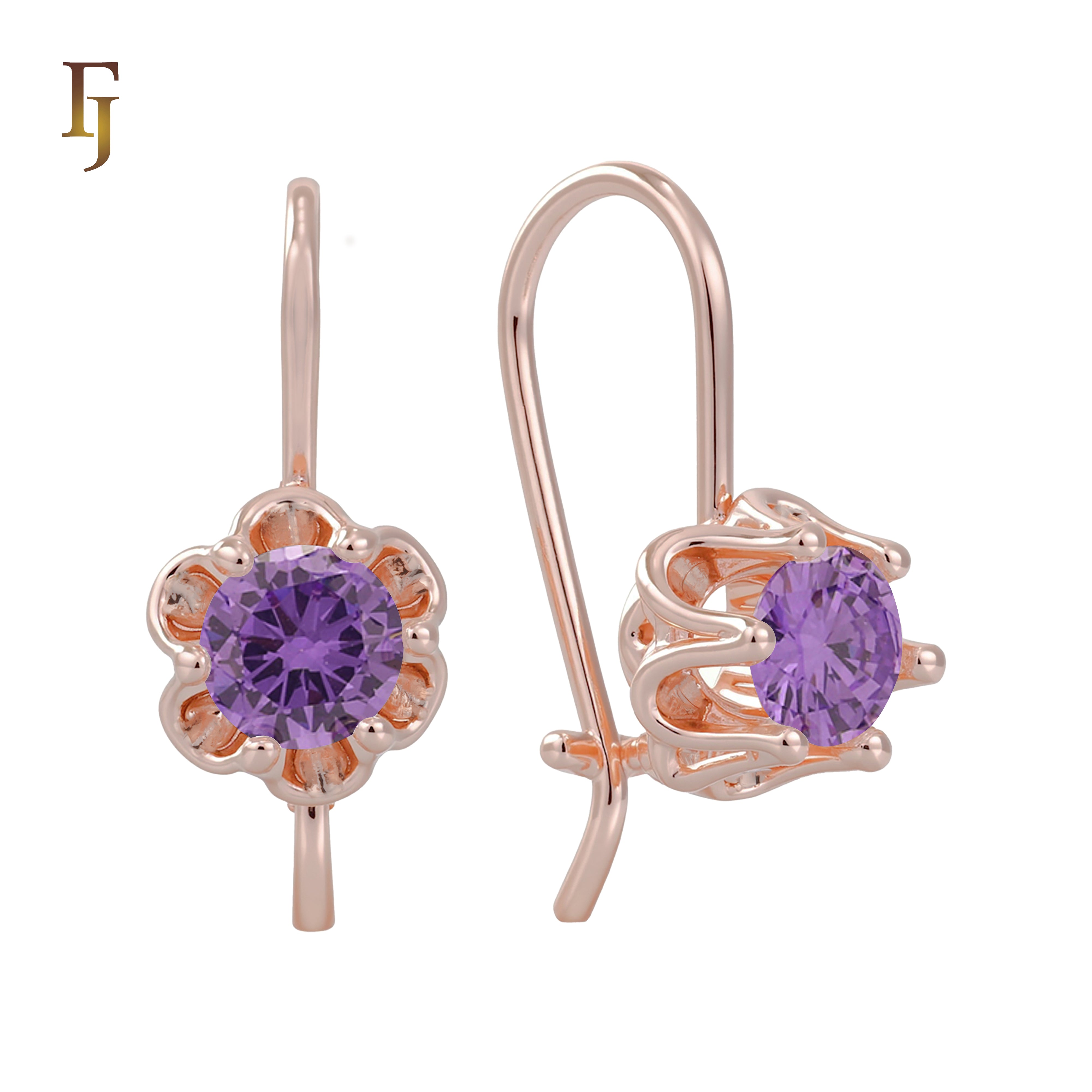 Gold Wire Hook Earrings – Floral Prong CZ Drop Design | Lightweight Dainty Jewelry by FJ