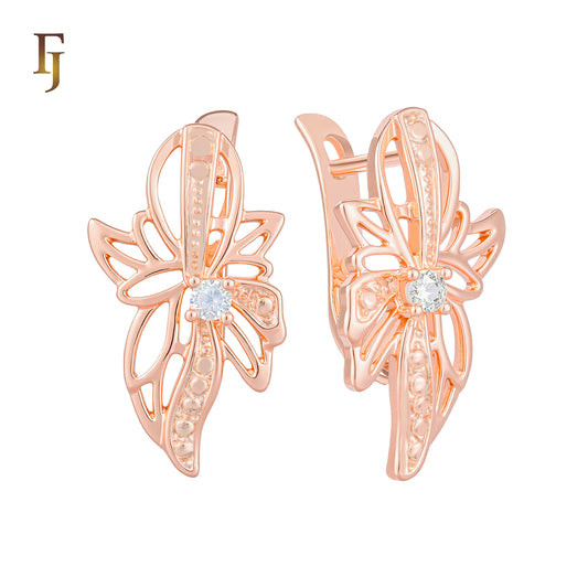 Gold Plated Russian Lock Earrings – Butterfly Filigree with CZ Center Stone | Elegant Non-Pierced Jewelry by FJ