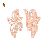 Gold Plated Russian Lock Earrings – Butterfly Filigree with CZ Center Stone | Elegant Non-Pierced Jewelry by FJ