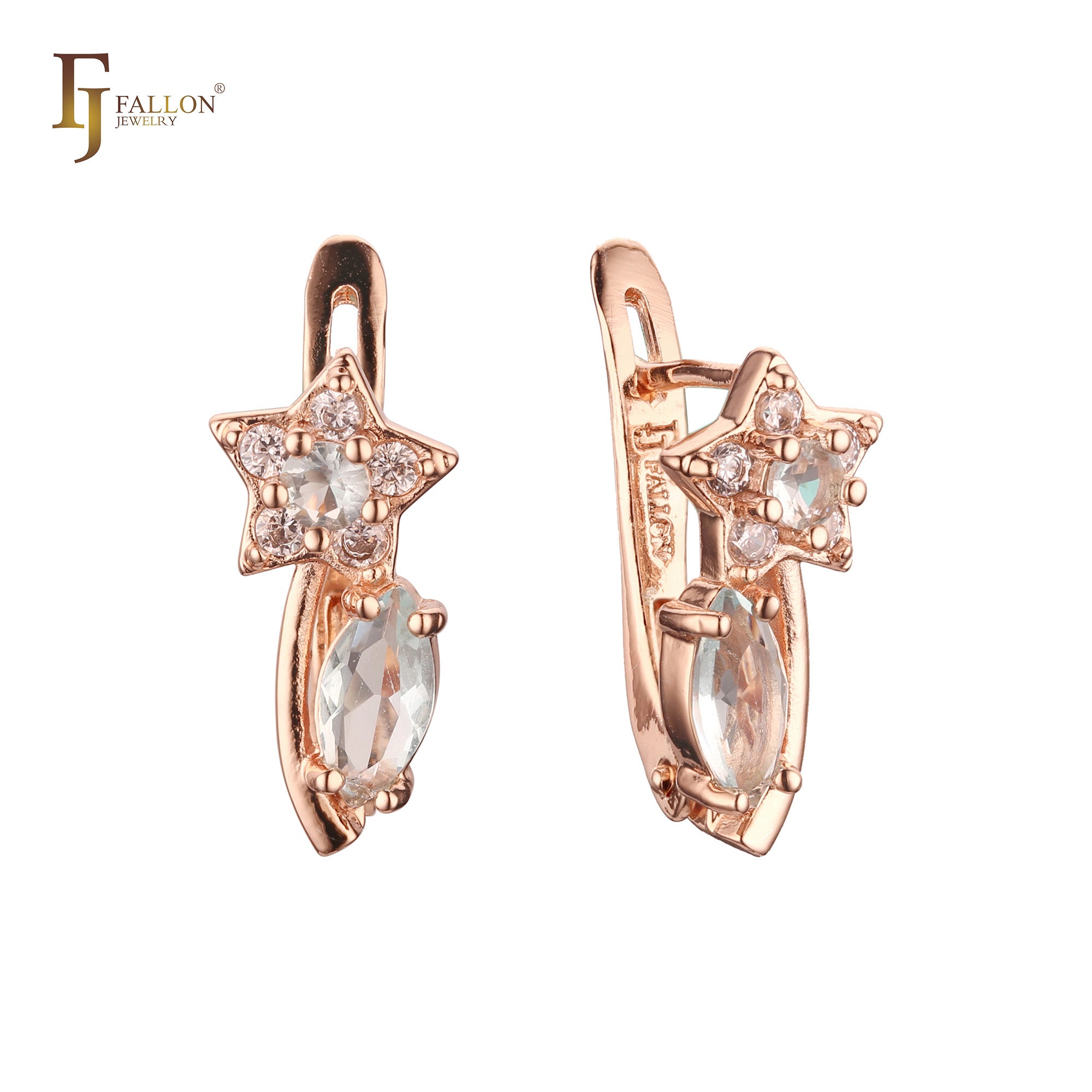 Star with solitaire marquise stone Rose Gold Russian Lock Earrings