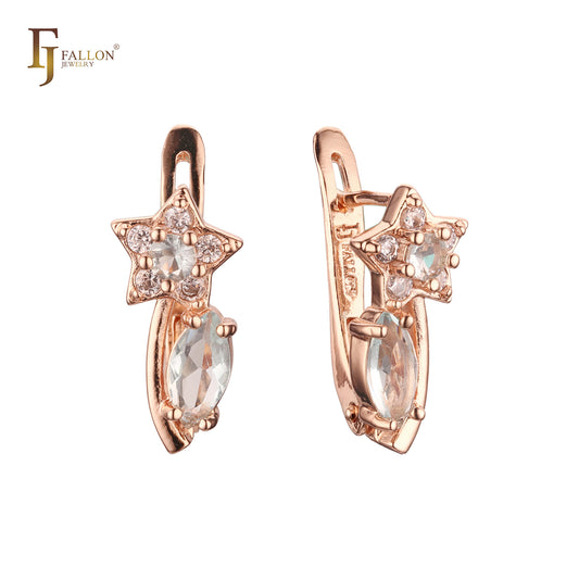 Star with solitaire marquise stone Rose Gold Russian Lock Earrings
