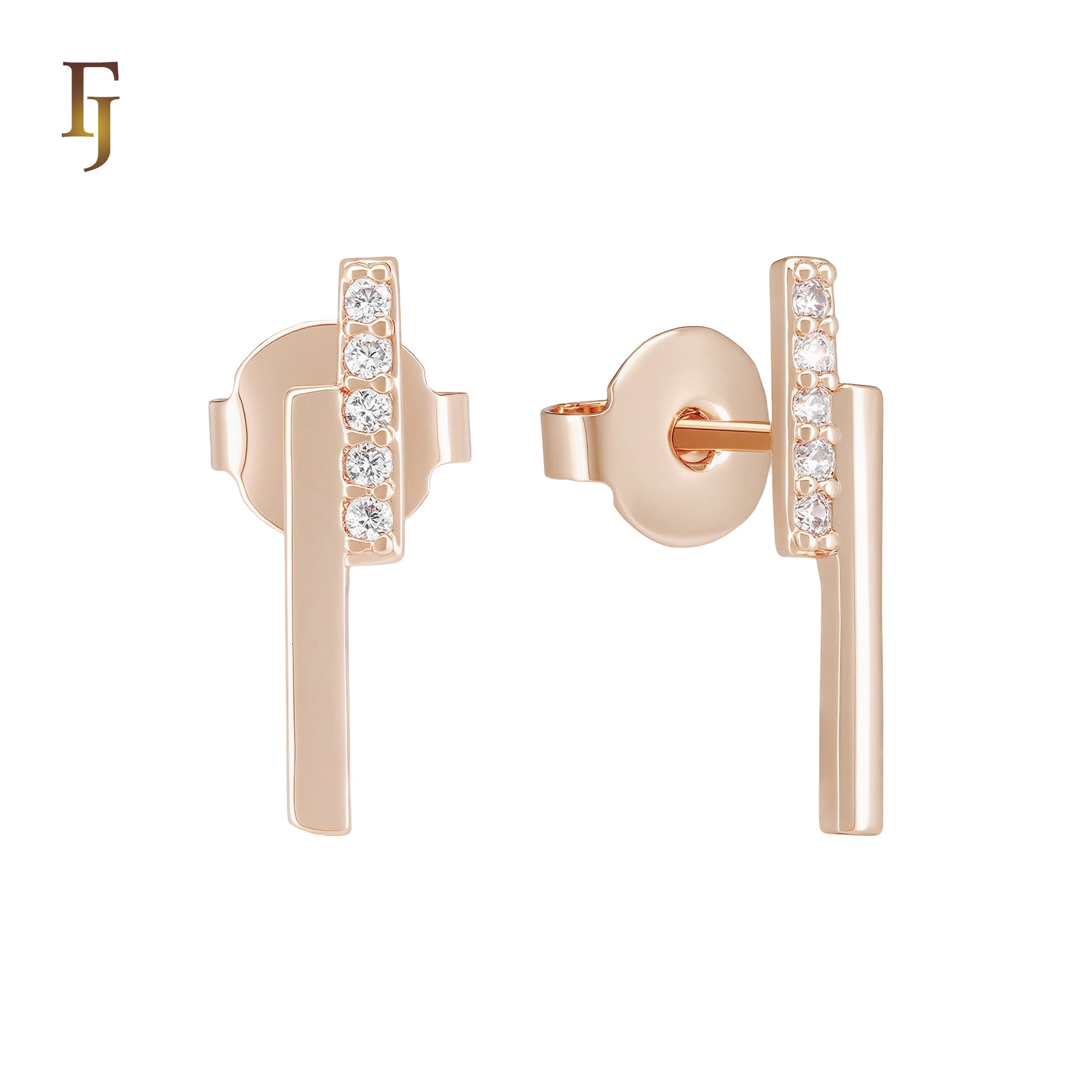 Minimalism bar and paved white CZs Rose Gold Stud Earrings