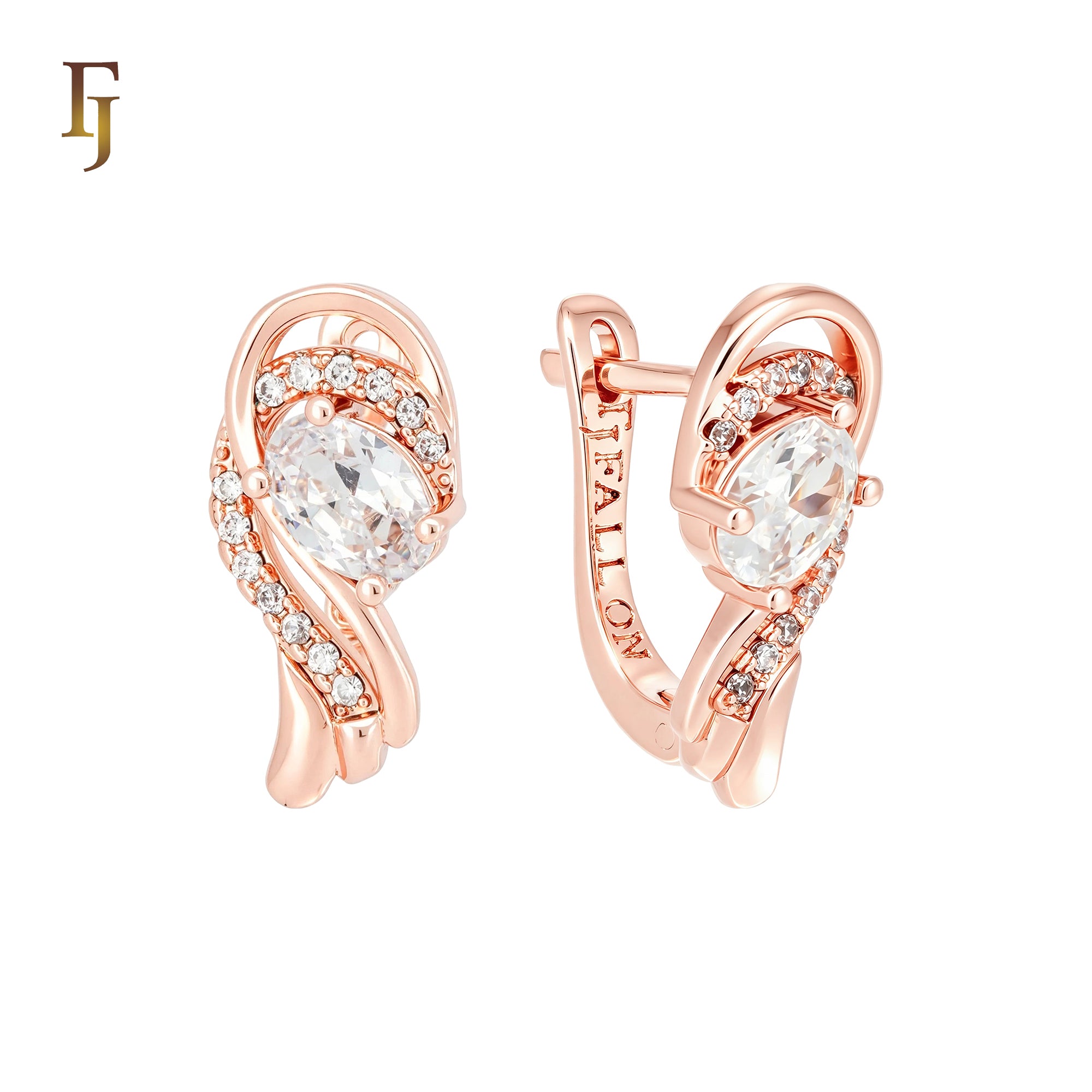 Oval Colorful stone solitaire paved white CZs Rose Gold Russian Lock Earrings