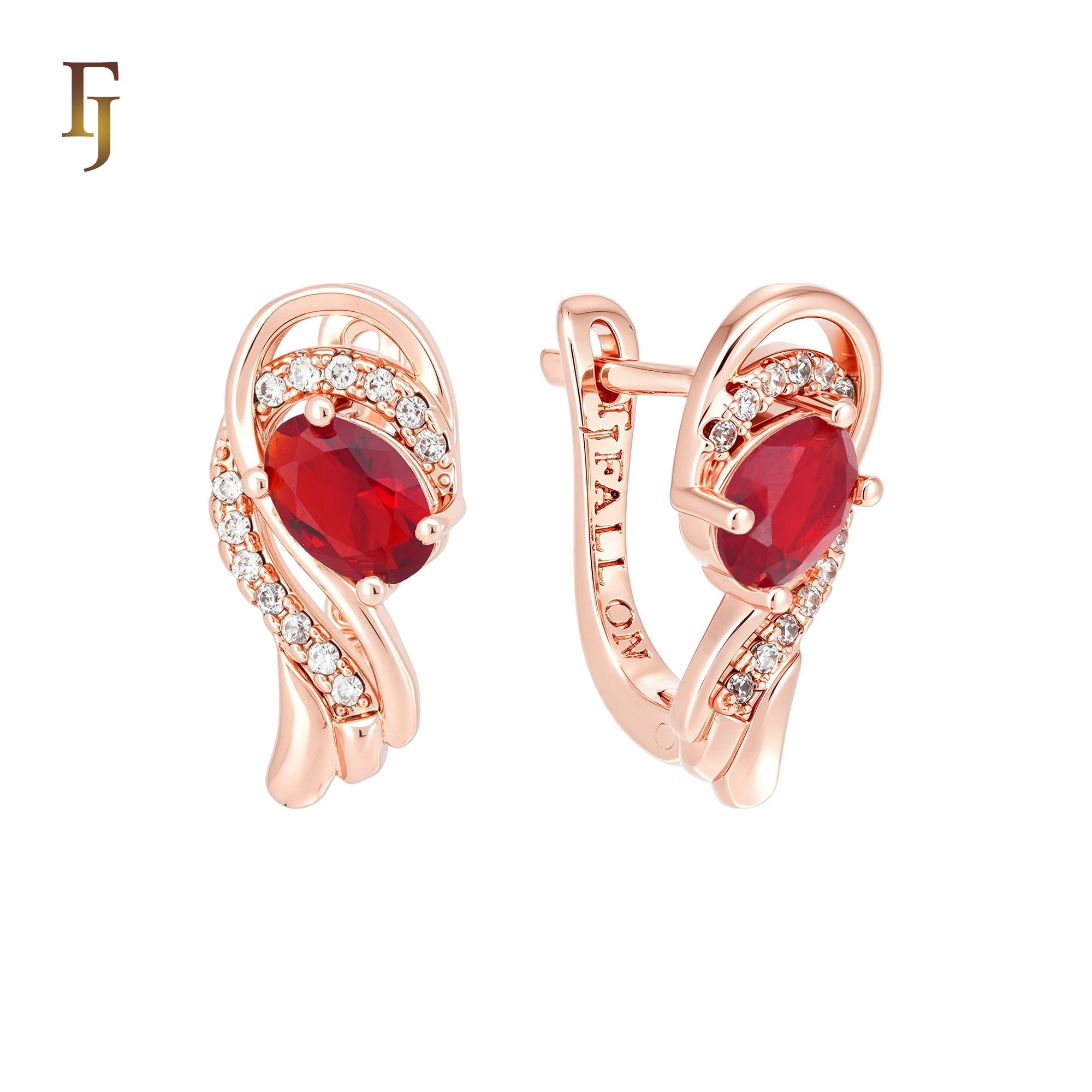 Oval Colorful stone solitaire paved white CZs Rose Gold Russian Lock Earrings