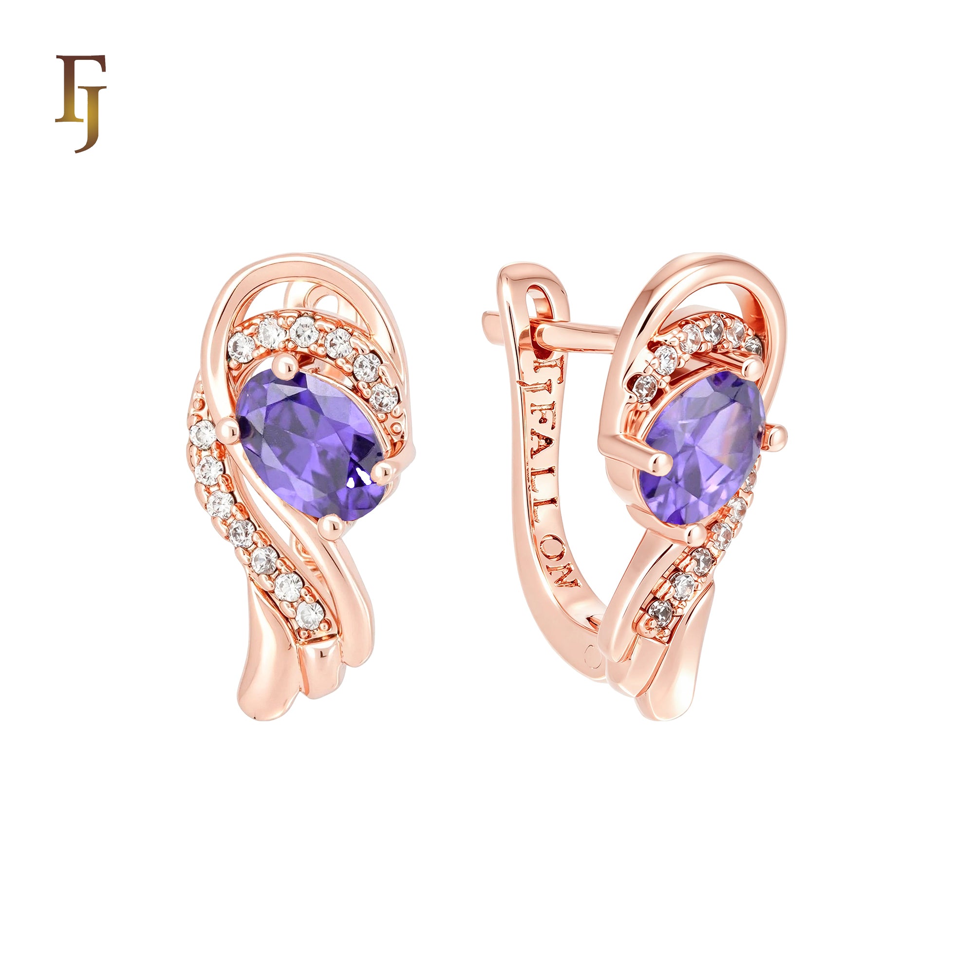 Oval Colorful stone solitaire paved white CZs Rose Gold Russian Lock Earrings