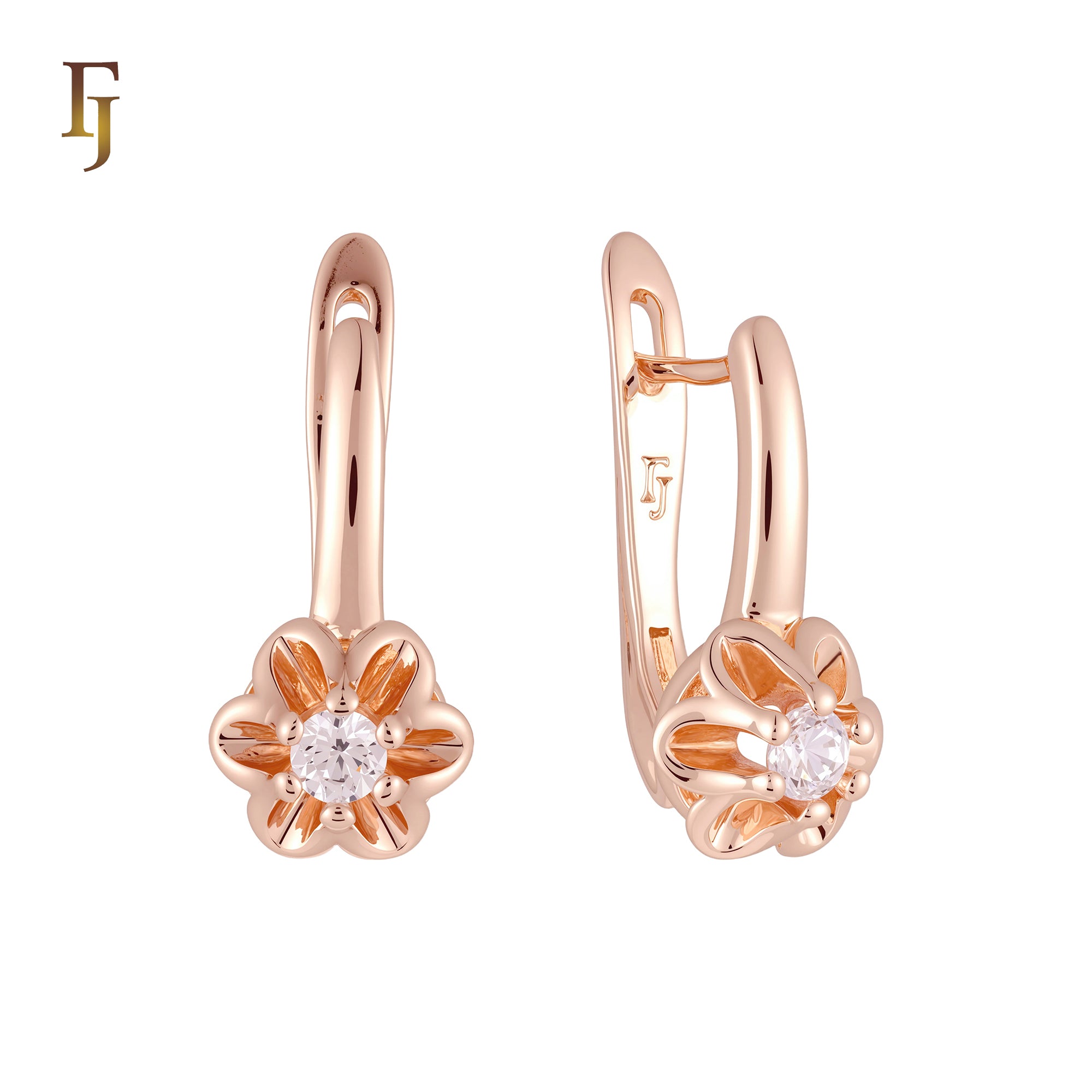 Solitaire flower earrings in 14K Gold, Rose Gold, two tone plating colors
