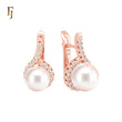 Surrounded Pearl of white CZs ribbon Rose Gold Russian Lock Earrings