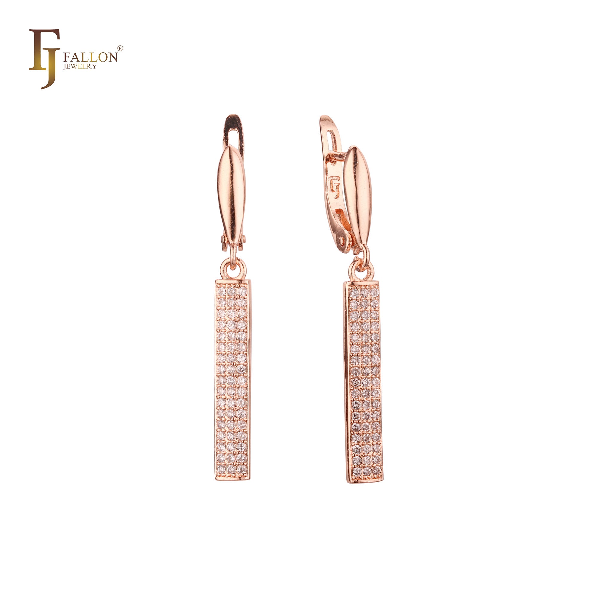 Elegant long paved white CZs bar drop Rose Gold Russian Lock Earrings
