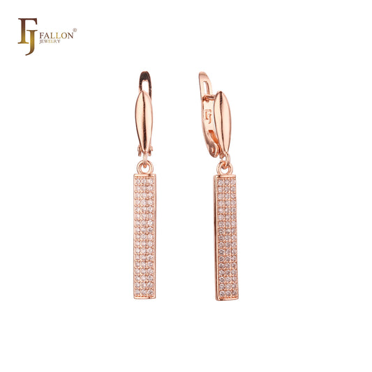 Elegant long paved white CZs bar drop Rose Gold Russian Lock Earrings