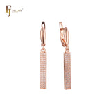 Elegant long paved white CZs bar drop Rose Gold Russian Lock Earrings