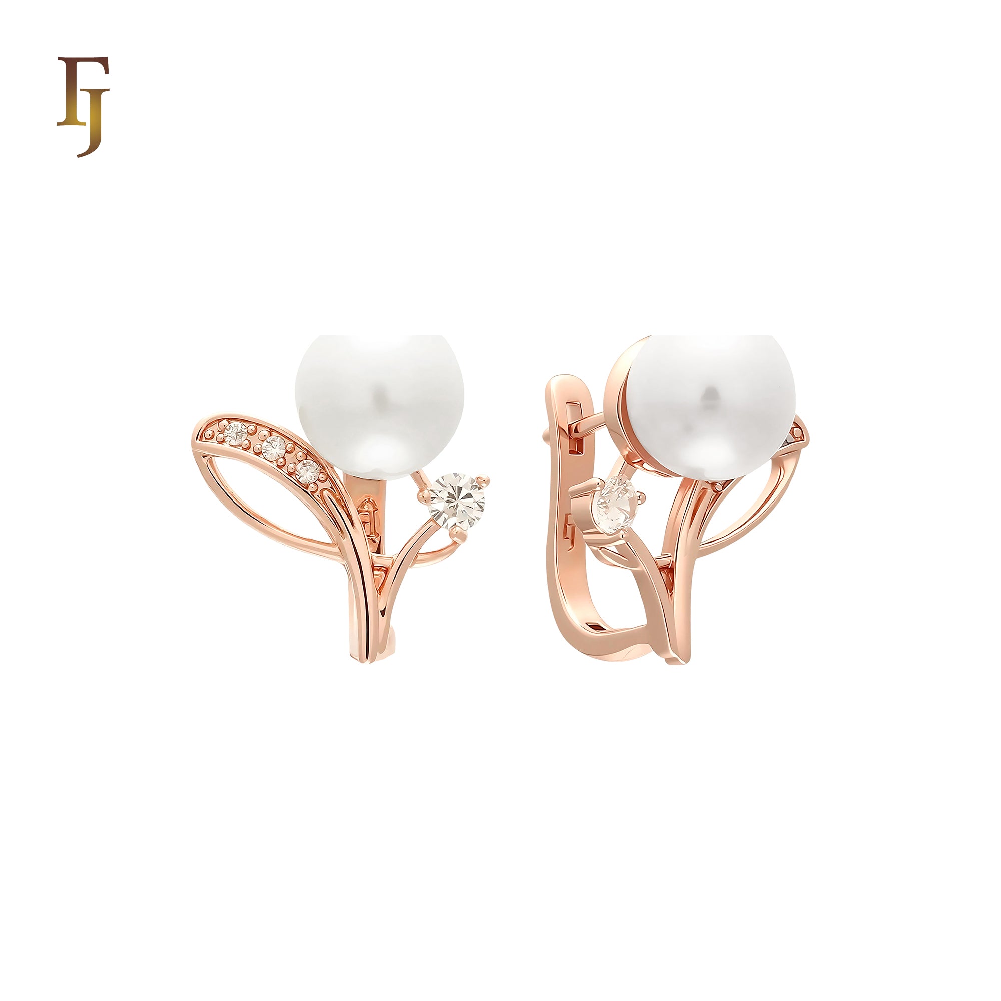 Solitaire Pearl on a brach Rose Gold Russian Lock Earrings