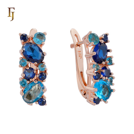 Elegant Rose Gold Earrings with Blue Multi-Color CZ Stones - Fashion Statement Jewelry for Women